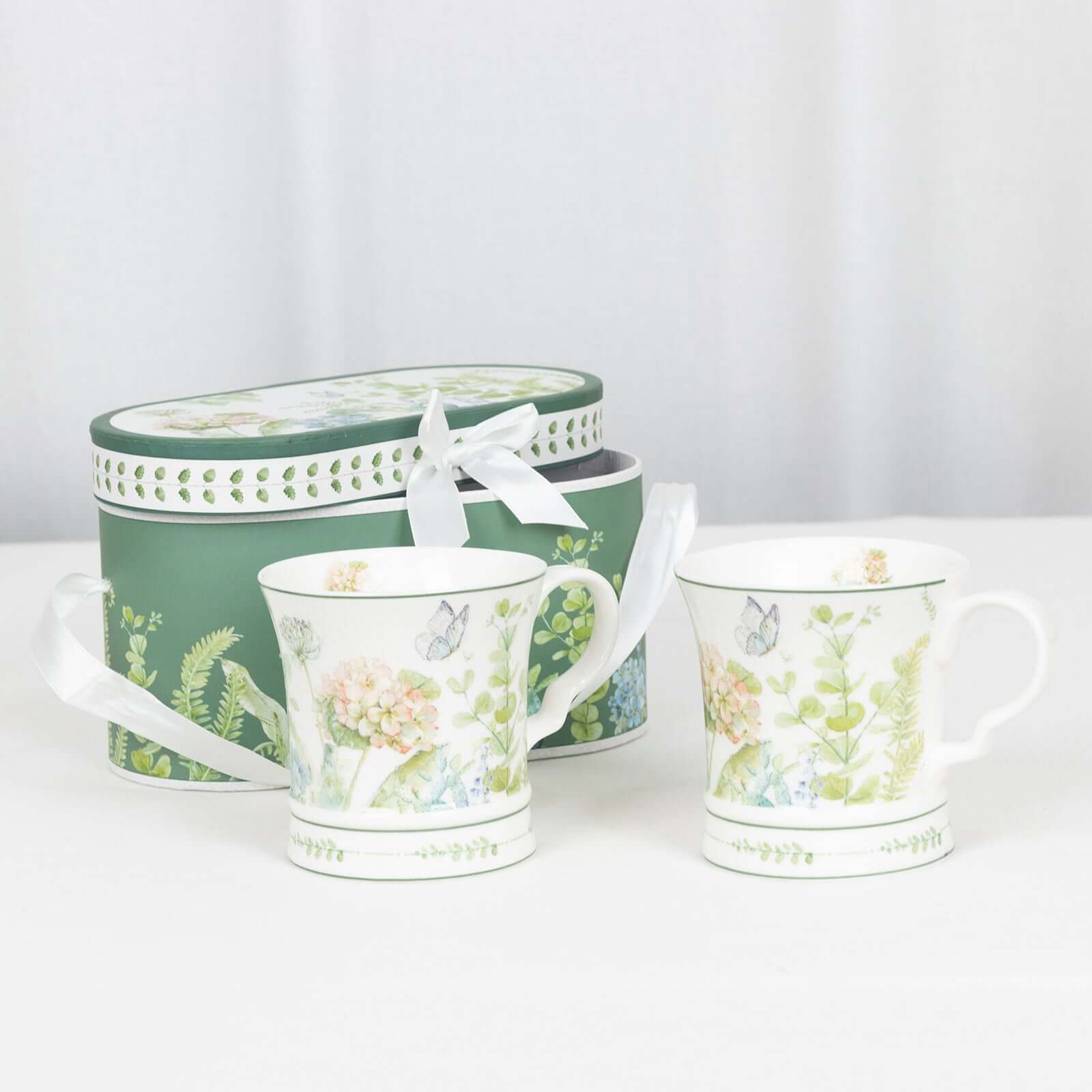 Greenery Theme Bridal Shower Gift Set, 2 Pack Porcelain Tea Cups With Matching Keepsake Gift Box and Satin Ribbon Handle