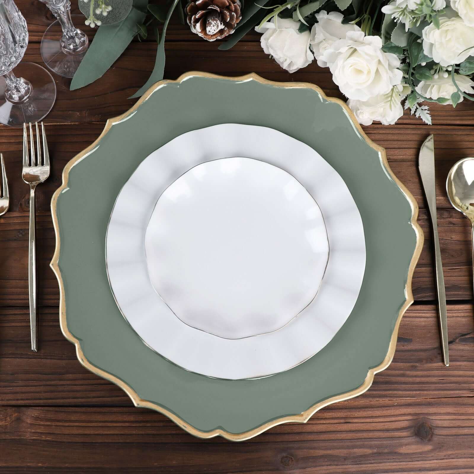 6-Pack Acrylic Round Charger Plates 13 in Olive Green with Gold Scalloped Rim, Decorative Dinner Party Plastic Charger Tableware