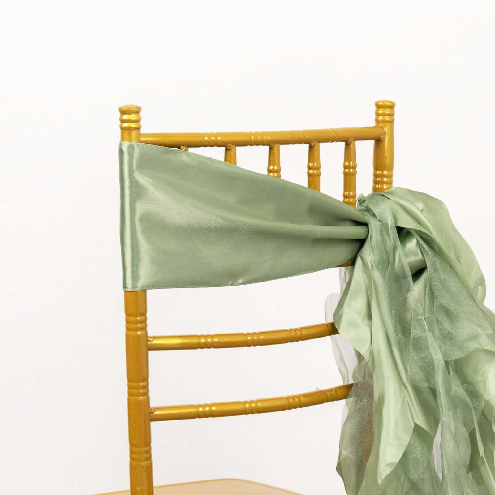 5 Pack Chiffon Satin Chair Sashes Sage Green - Easy to Install Ruffled Curly Willow