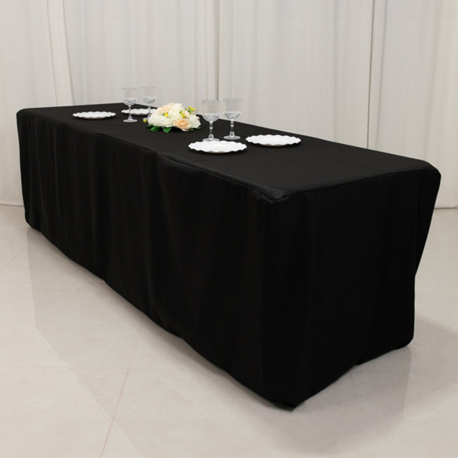 Fire Retardant Premium Polyester 8ft Rectangular Tablecloth Black Fitted High-Performance Table Cover