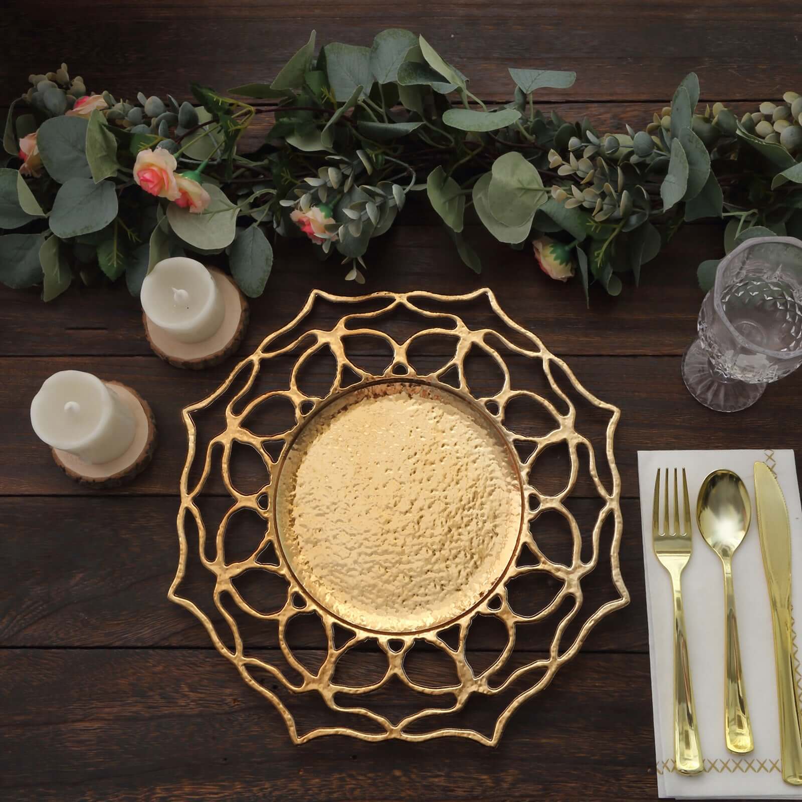 6-Pack Acrylic Round Charger Plates 13 in Gold with Floral Cutout Design, Hollow Flower Plastic Decorative Dinner Party Charger Tableware