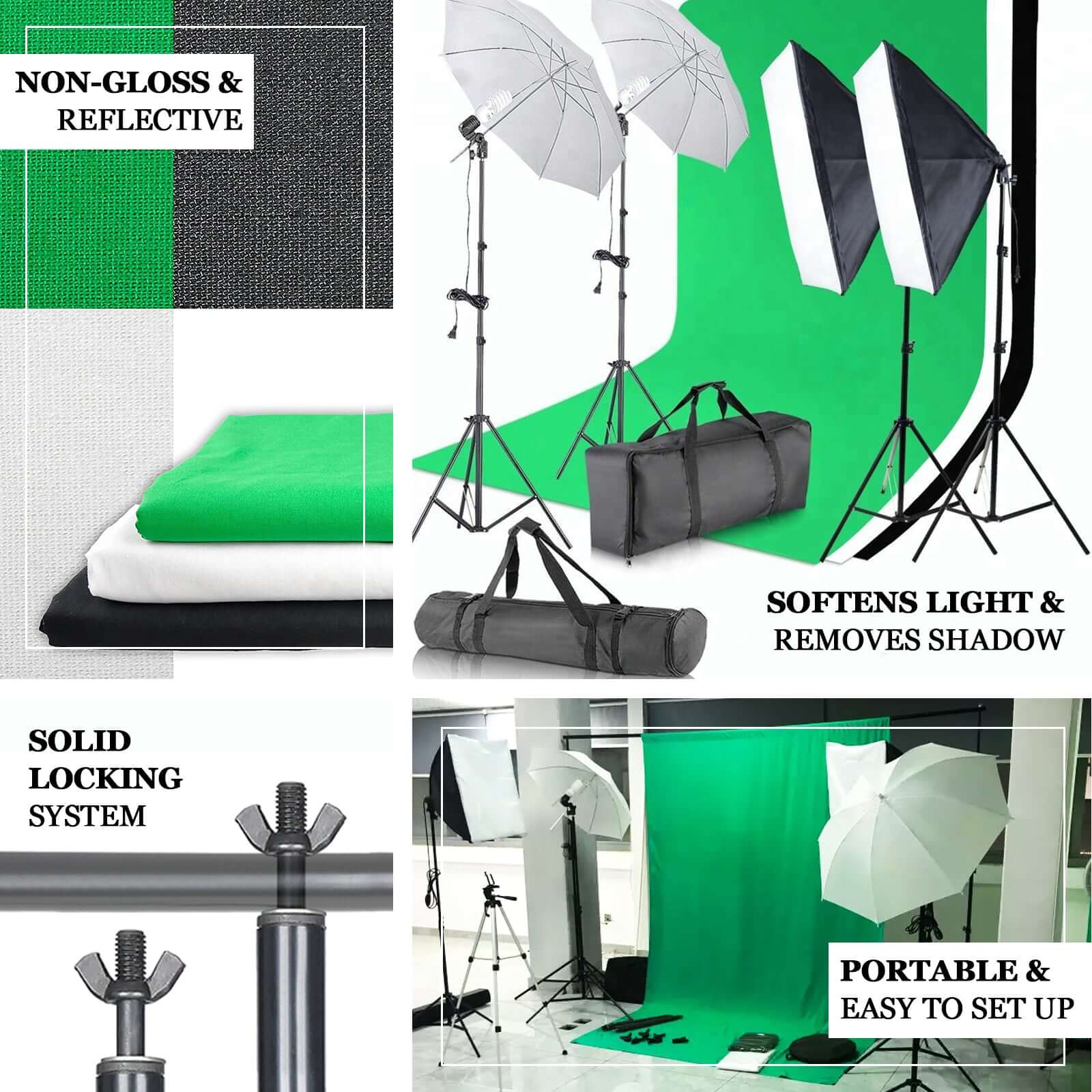 1200W White Umbrella Continuous Lighting Photo Video Studio Kit With Soft Box Reflectors and Muslin Chromakey Backgrounds