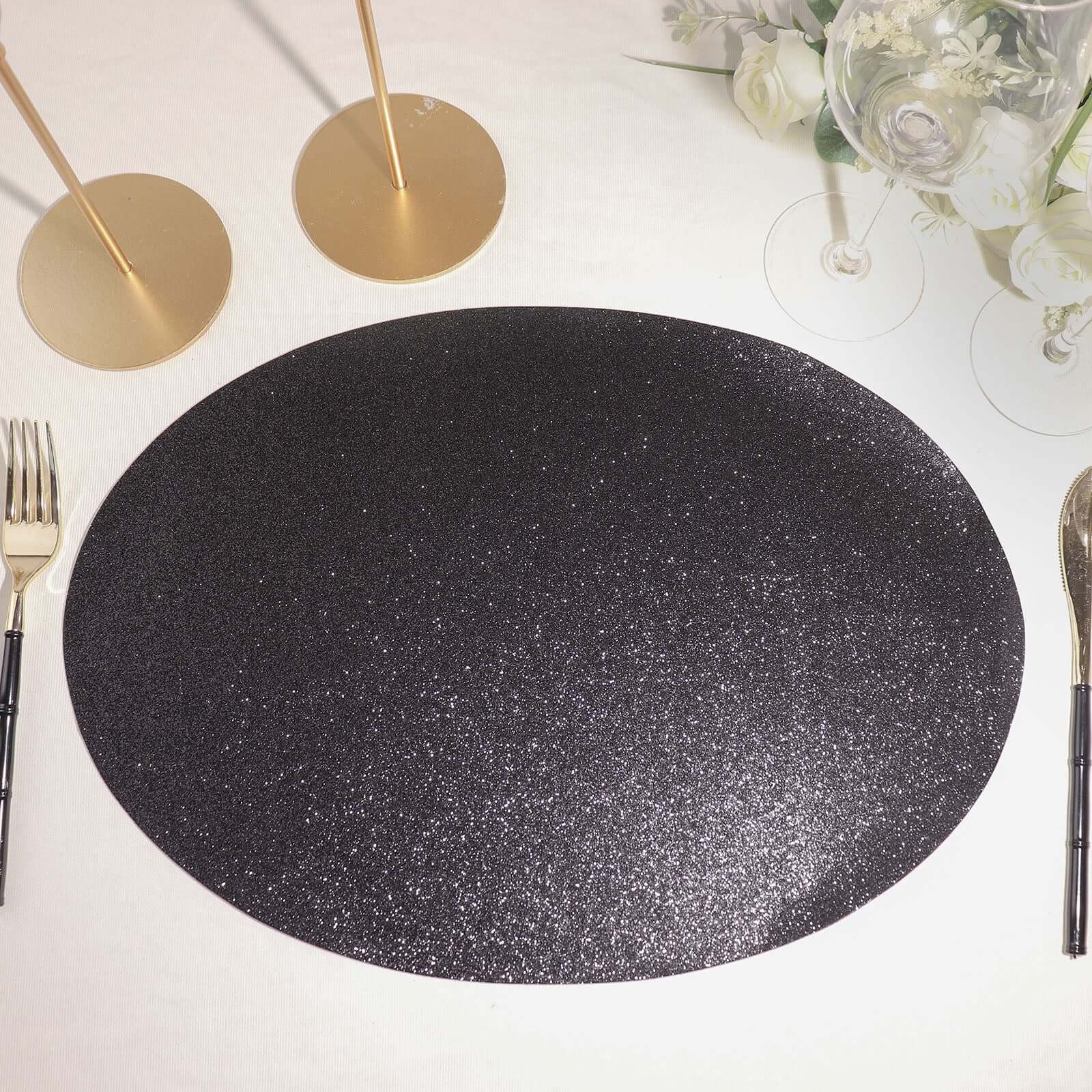 6-Pack Placemats Glitter Design Black Sparkle Oval - Non-Slip Decorative Table Mats for Dining 12x18