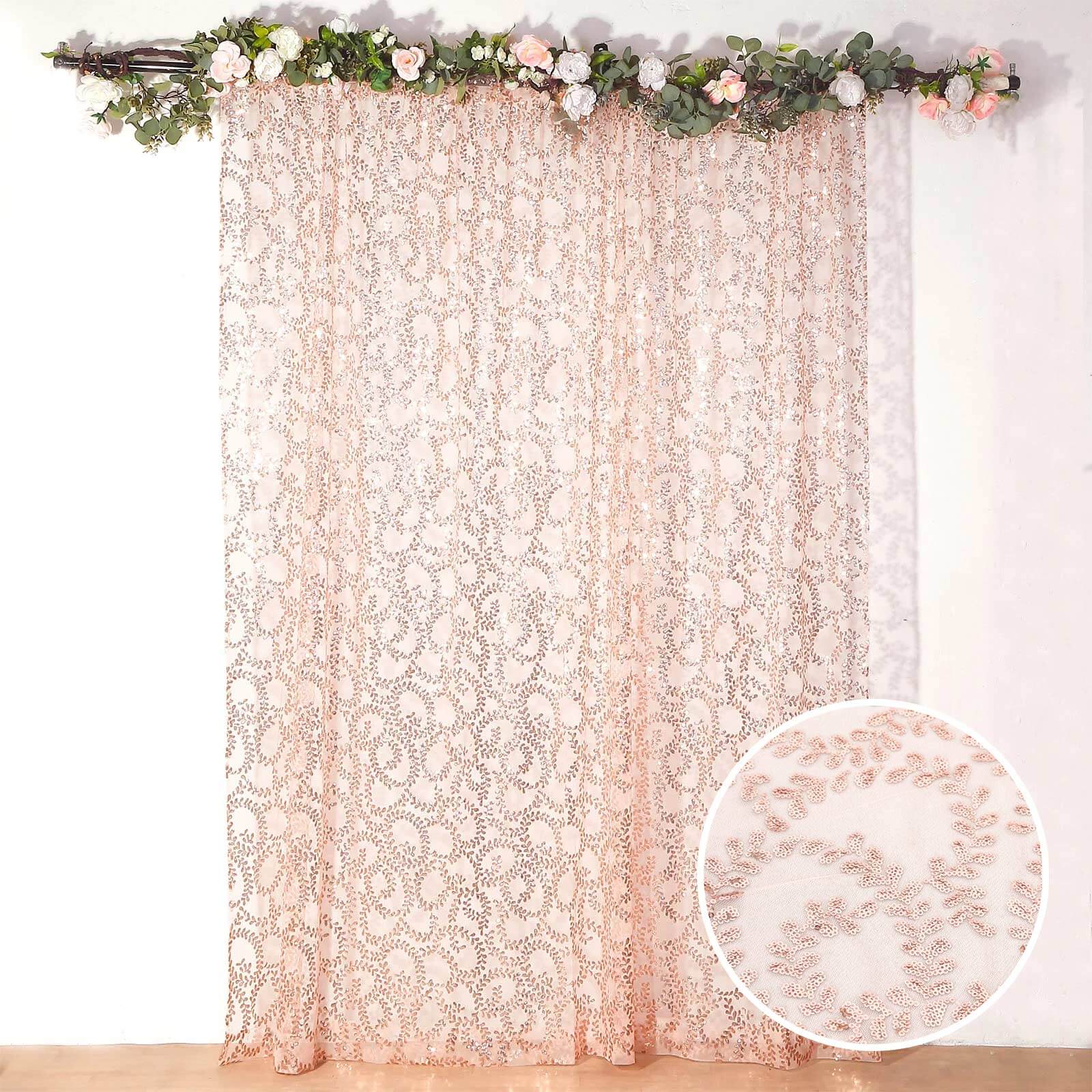 8ftx8ft Rose Gold Embroider Sequin Event Curtain Drapes, Sparkly Sheer Backdrop Event Panel With Embroidery Leaf