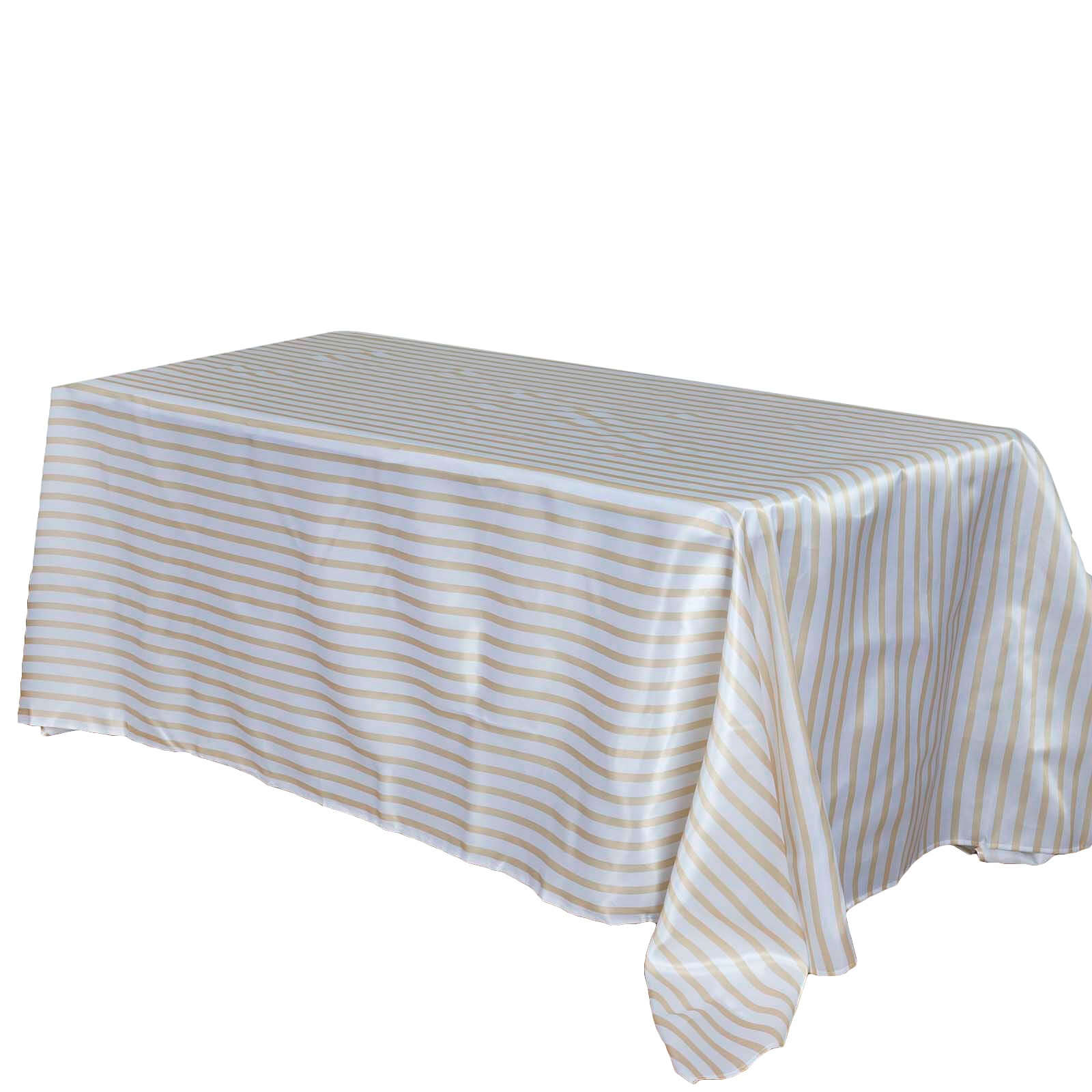 90x156 White Champagne Seamless Stripe Satin Rectangle Tablecloth for 8 Foot Table With Floor-Length Drop