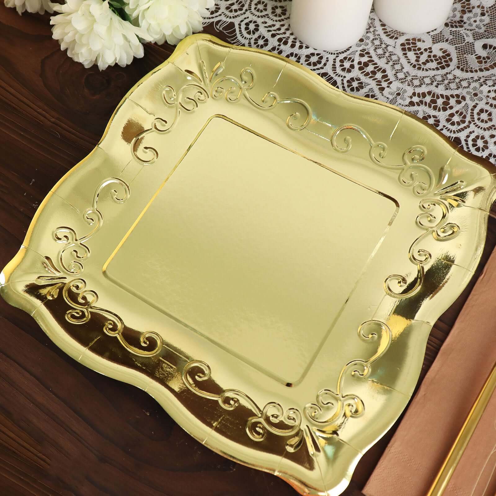 25-Pack Paper 11 Square Dinner Plates in Gold with Vintage Pottery Embossed Design - Shiny Metallic Disposable Serving Plates for Glamorous Dinners & Events