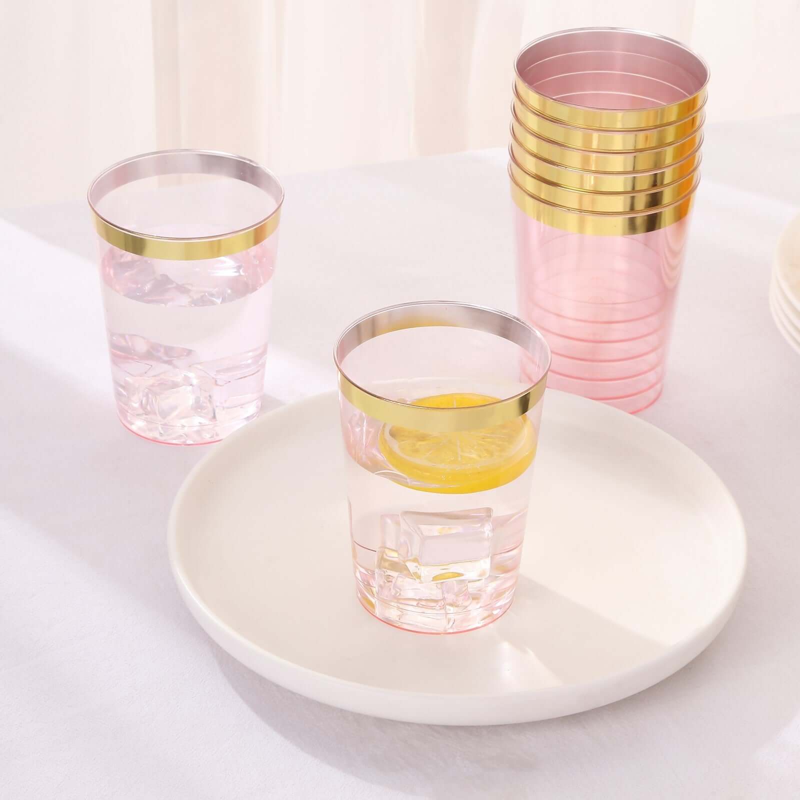 25-Pack Plastic Tumbler Cups Transparent Blush with Gold Rim - Stylish Disposable Party Glasses 10oz