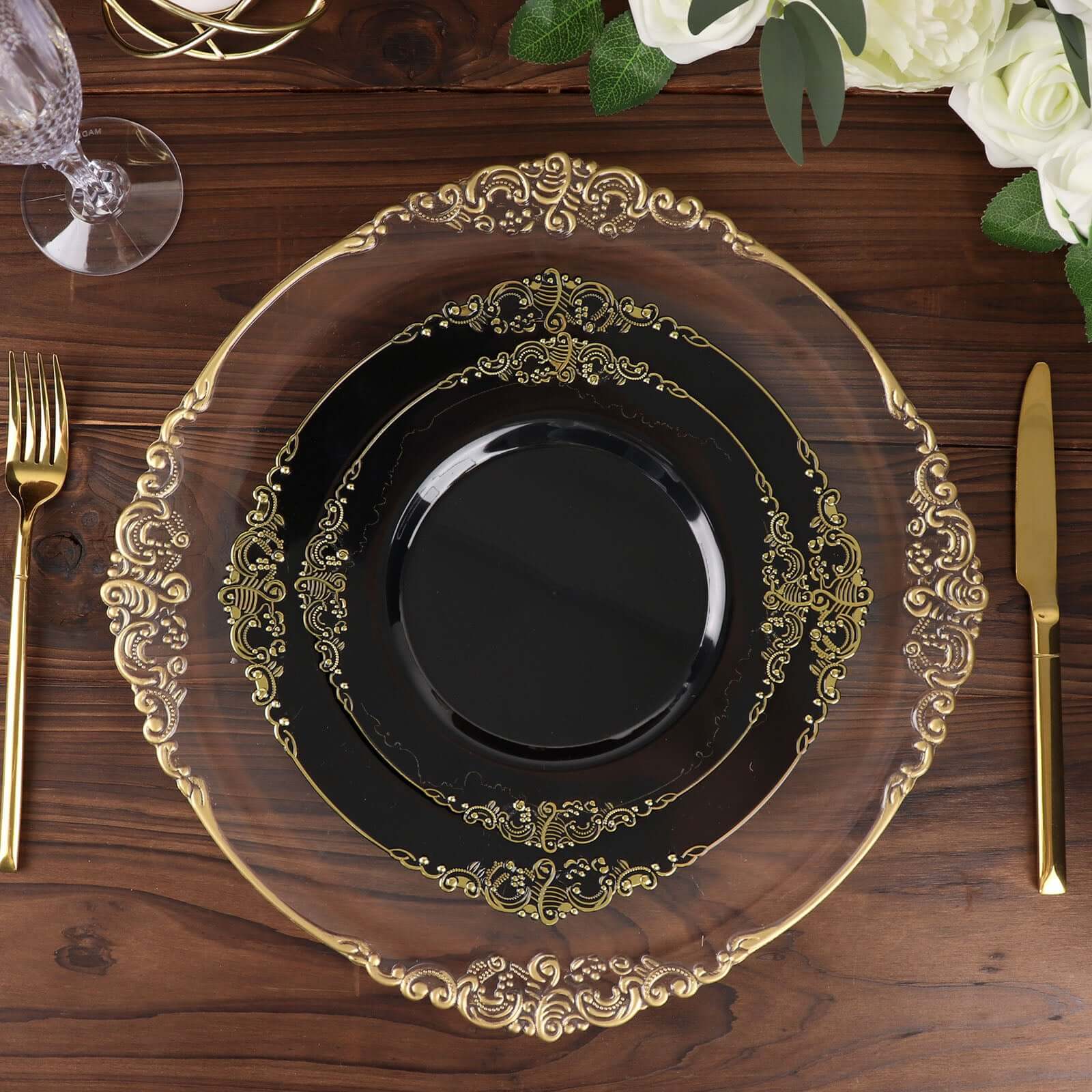 10-Pack Plastic 10 Round Dinner Plates in Black with Gold Leaf Embossed Rim - Disposable Vintage Baroque Style Plates for Luxurious Gatherings & Events