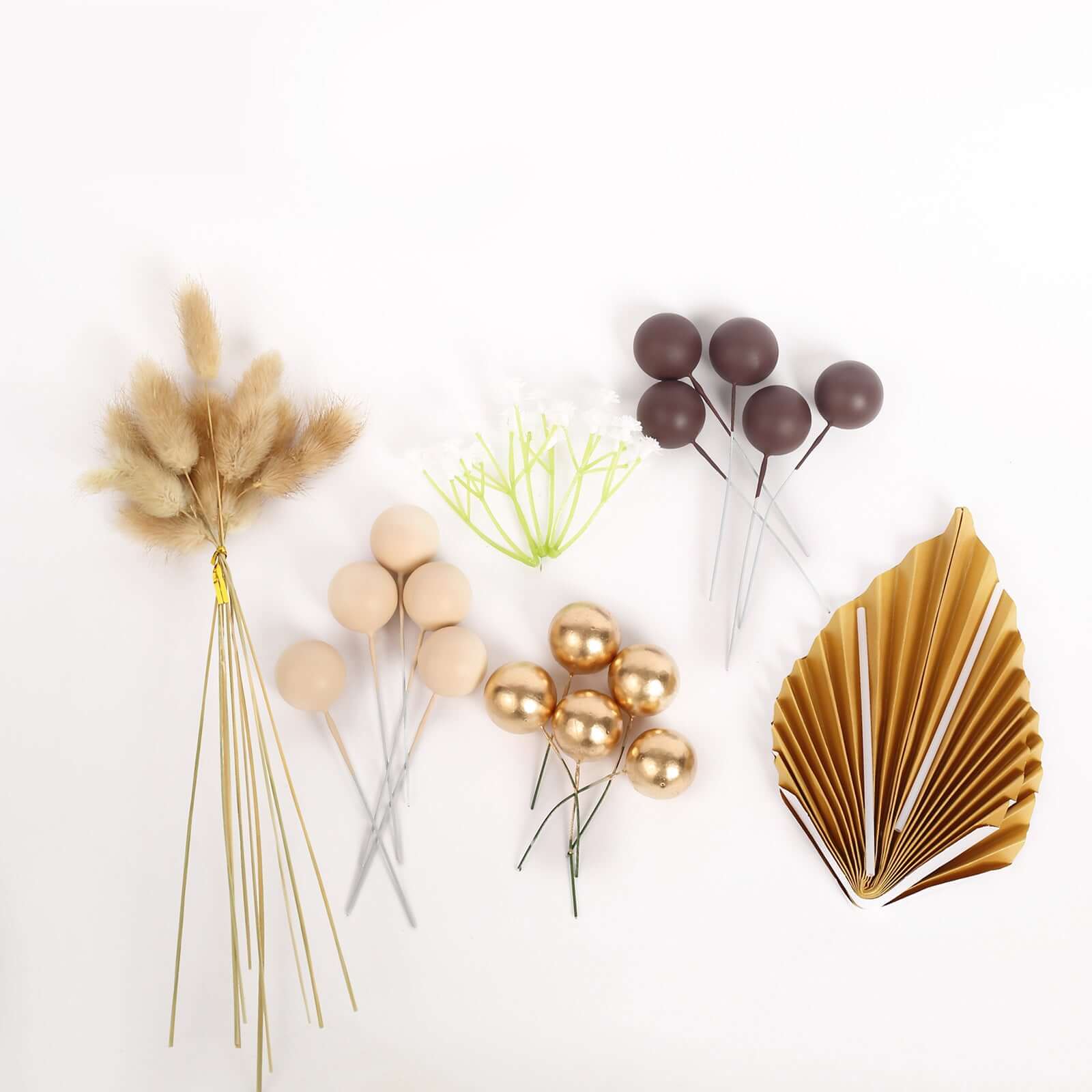 25-Pack Cake Toppers Gold Boho Style Palm Leaf and Flower Ball Design - Coffee Ball Cake Decoration Set Assorted