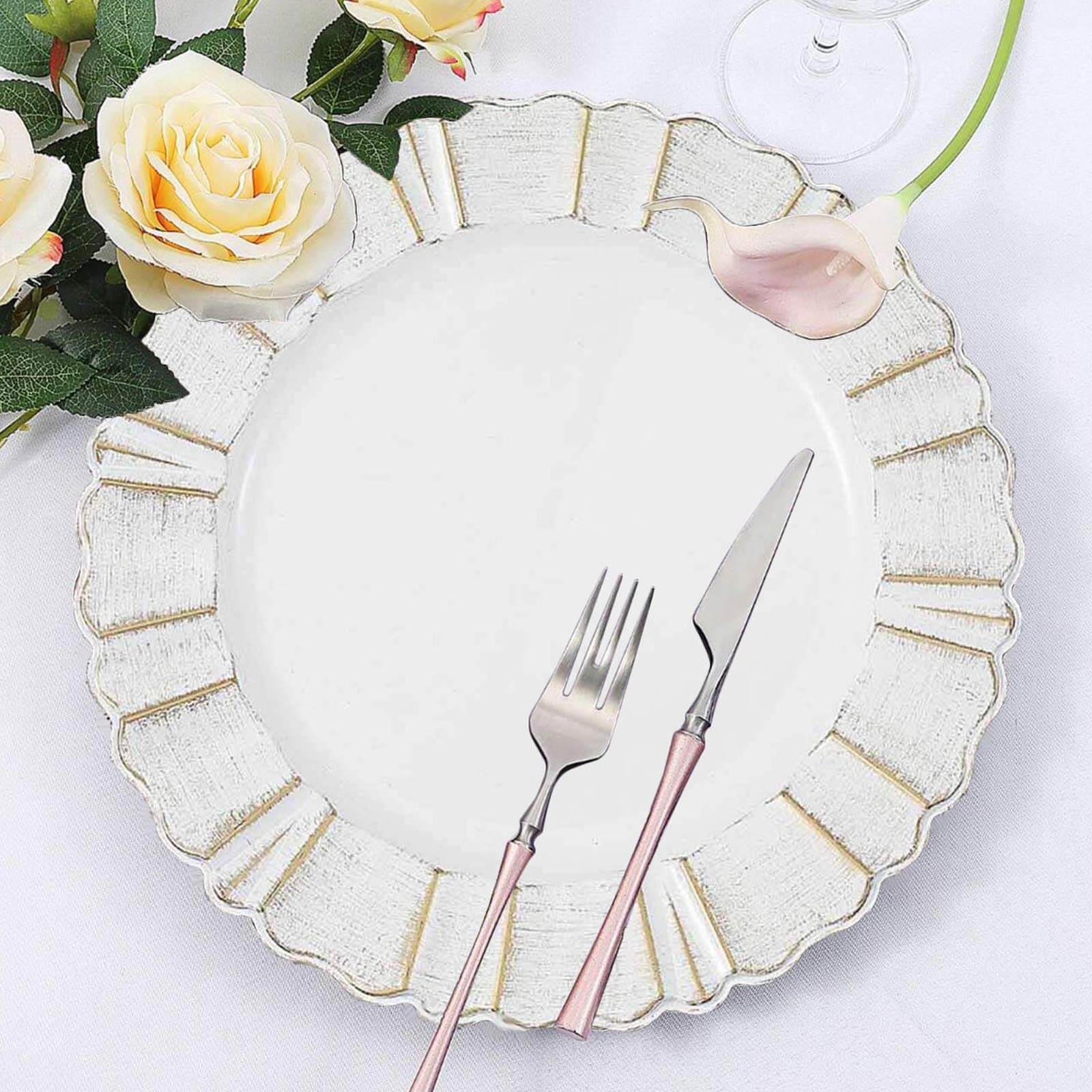 6-Pack Acrylic Plastic Round Charger Plates 13 in White with Gold Brushed Wavy Scalloped Rim, Decorative Dinner Party Charger Tableware