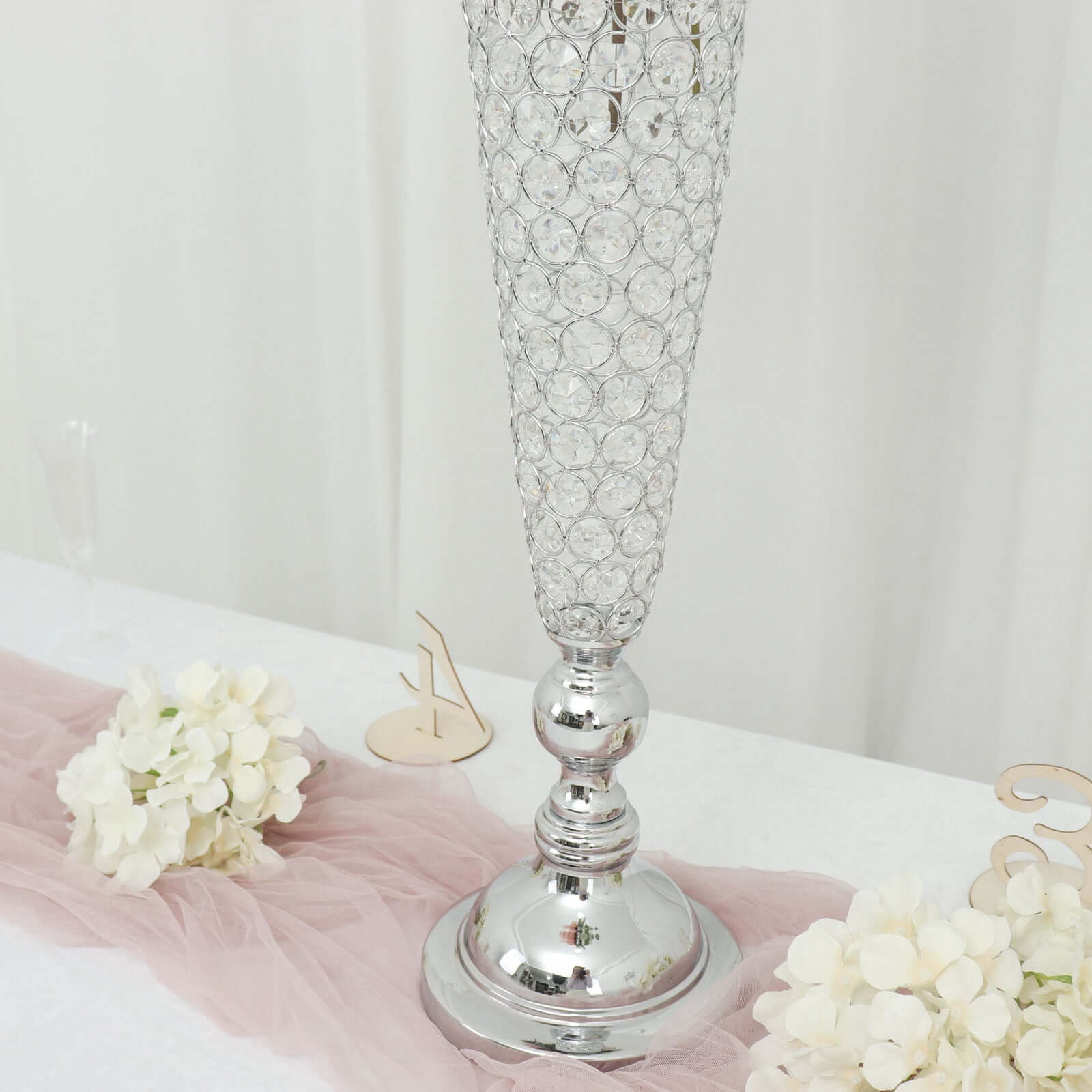 3-Pack Crystal Beaded Trumpet Vase Set Silver - Table Centerpiece for Weddings and Events 32