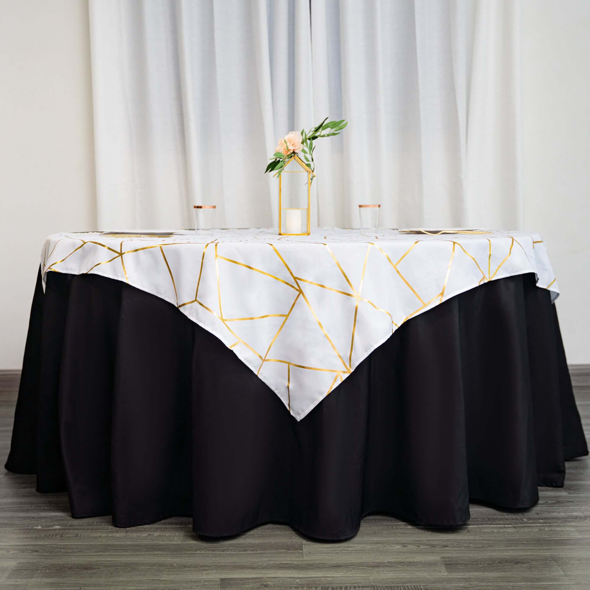 Polyester 54x54 Table Overlay Square Tablecloth White with Gold Foil Geometric Pattern - Wrinkle-Resistant & Durable for Stylish Settings