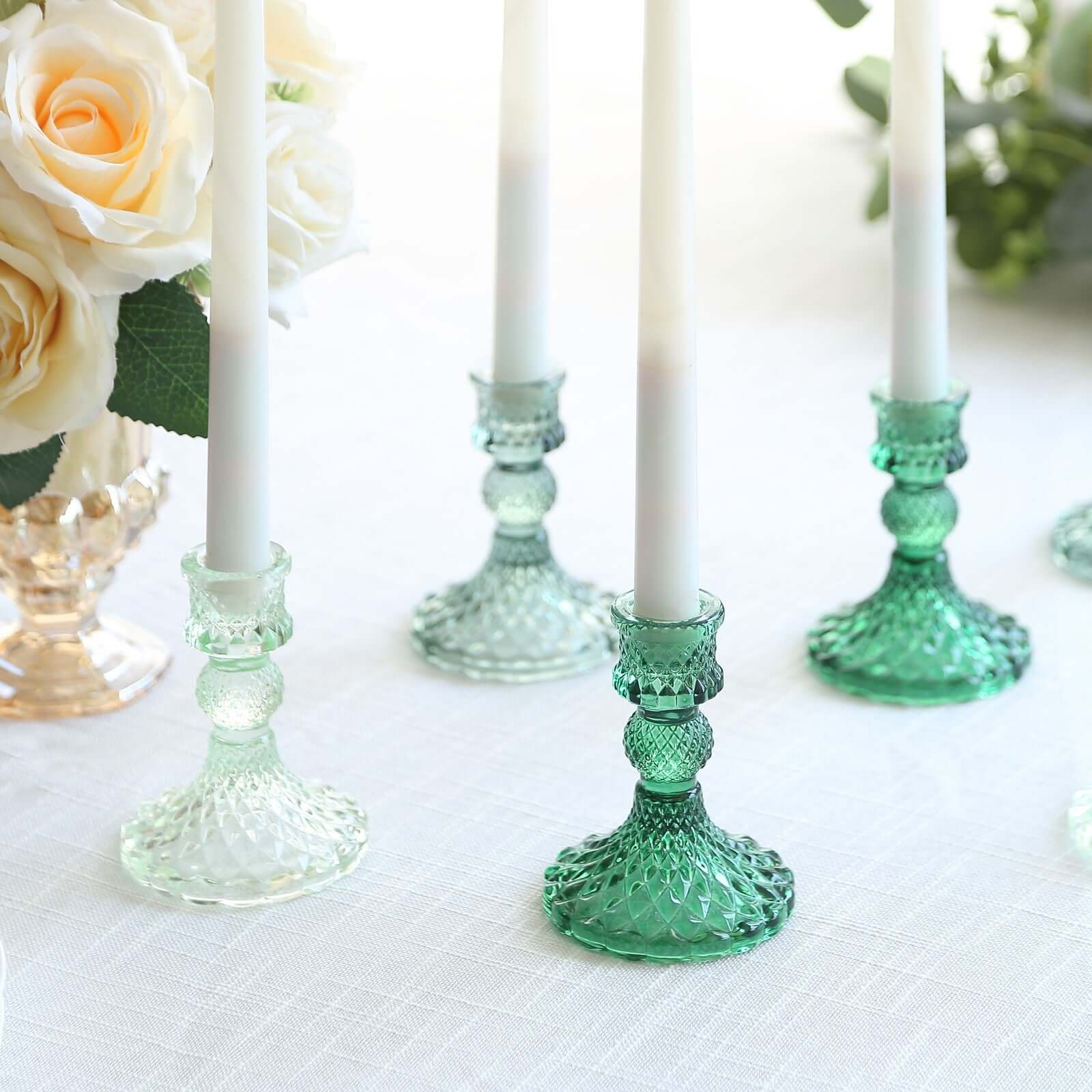 6-Pack Glass Taper Candlestick Holders Diamond Pattern Design Assorted Green - Reversible Crystal Pillar Votive Stands 4