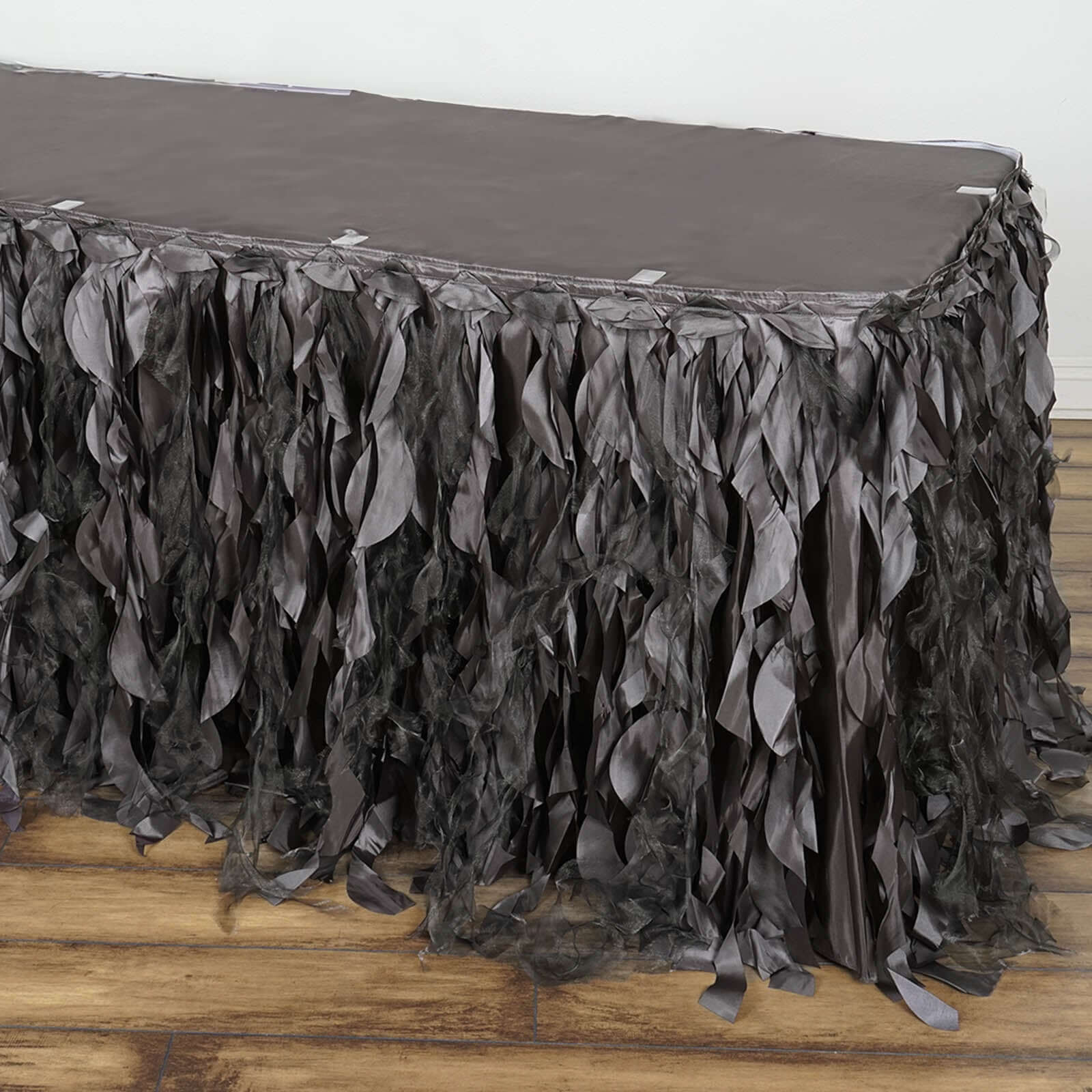 Taffeta 17ft Table Skirt Charcoal Gray - Cascading Curly Willow Style Table Cover