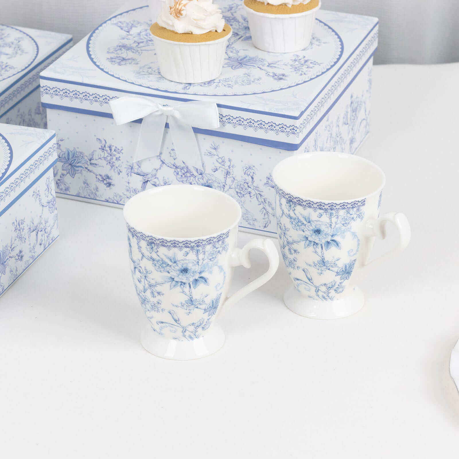 White Blue French Toile Bridal Shower Gift Set, 2 Pack Porcelain Tea Cups With Matching Keepsake Gift Box and Satin Ribbon Handle