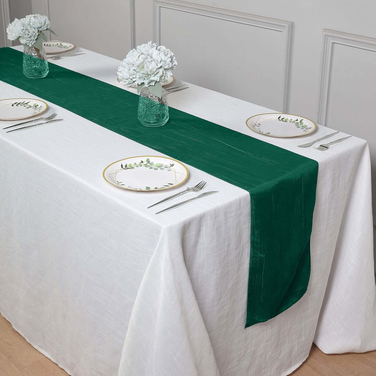 Taffeta 12x108 Table Runner Hunter Emerald Green - Accordion Crinkle Design