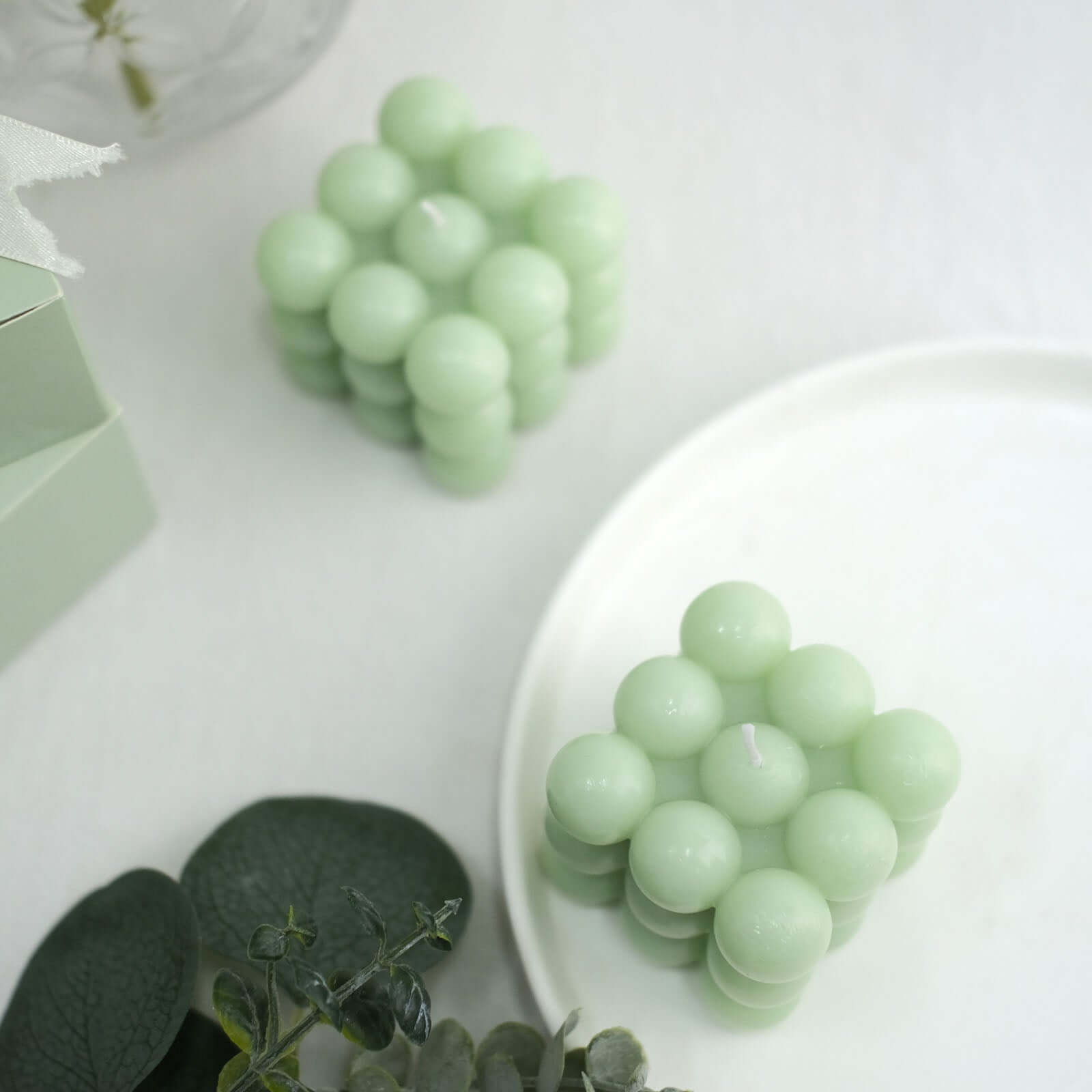 2-Pack Decorative Paraffin Wax Candles Bubble Cube Design Sage Green - Unscented Long Burning Pillar Candle Set 2