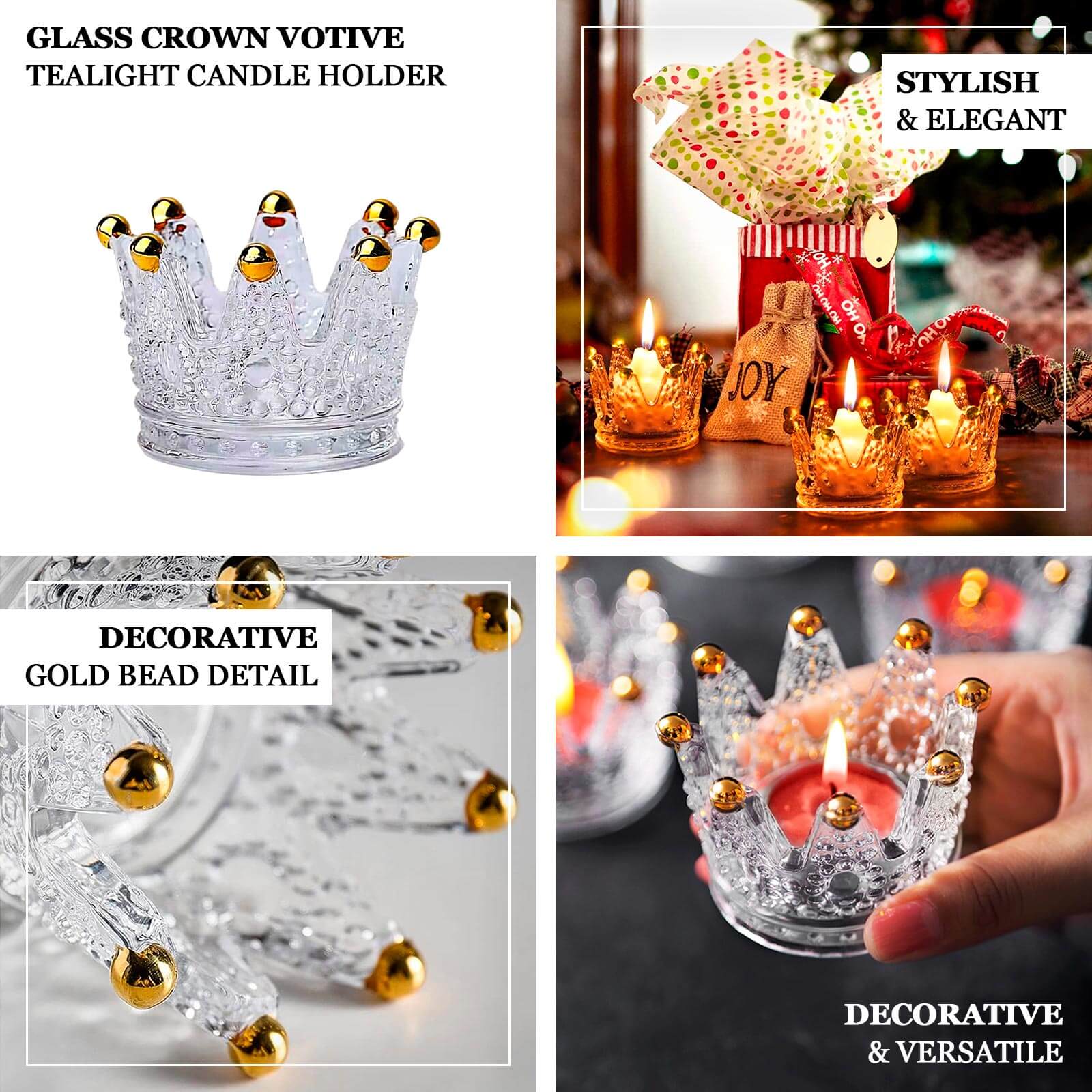 6-Pack Glass Crown Votive Candle Holders Clear Crystal Design with Gold Beaded Tips - Tea Light Holders 3x2