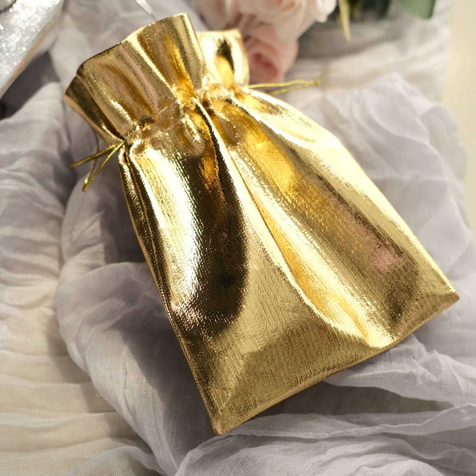 10 Pack Metallic Gold Lame Polyester 5x7 Party Favor Gift Bags, Shiny Fabric Drawstring Candy Pouch