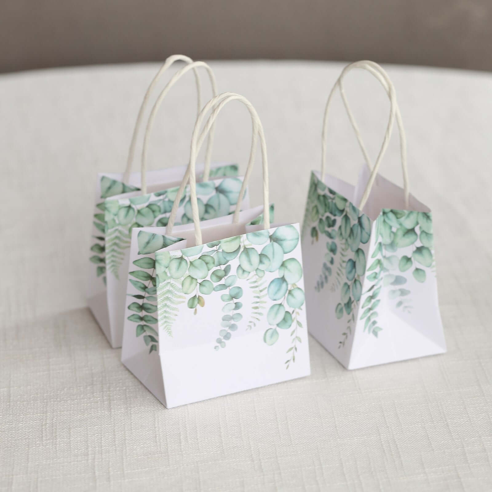 12 Pack White Green Eucalyptus Leaves Paper Party Favor Bags With Handles, Small Gift Goodie Bags - 4x4