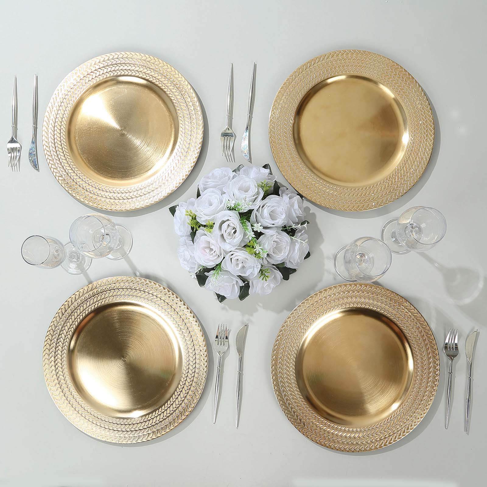 6-Pack Acrylic Round Charger Plates 13 in Gold with Wheat Pattern Rim, Stylish Dinner Party Charger Tableware