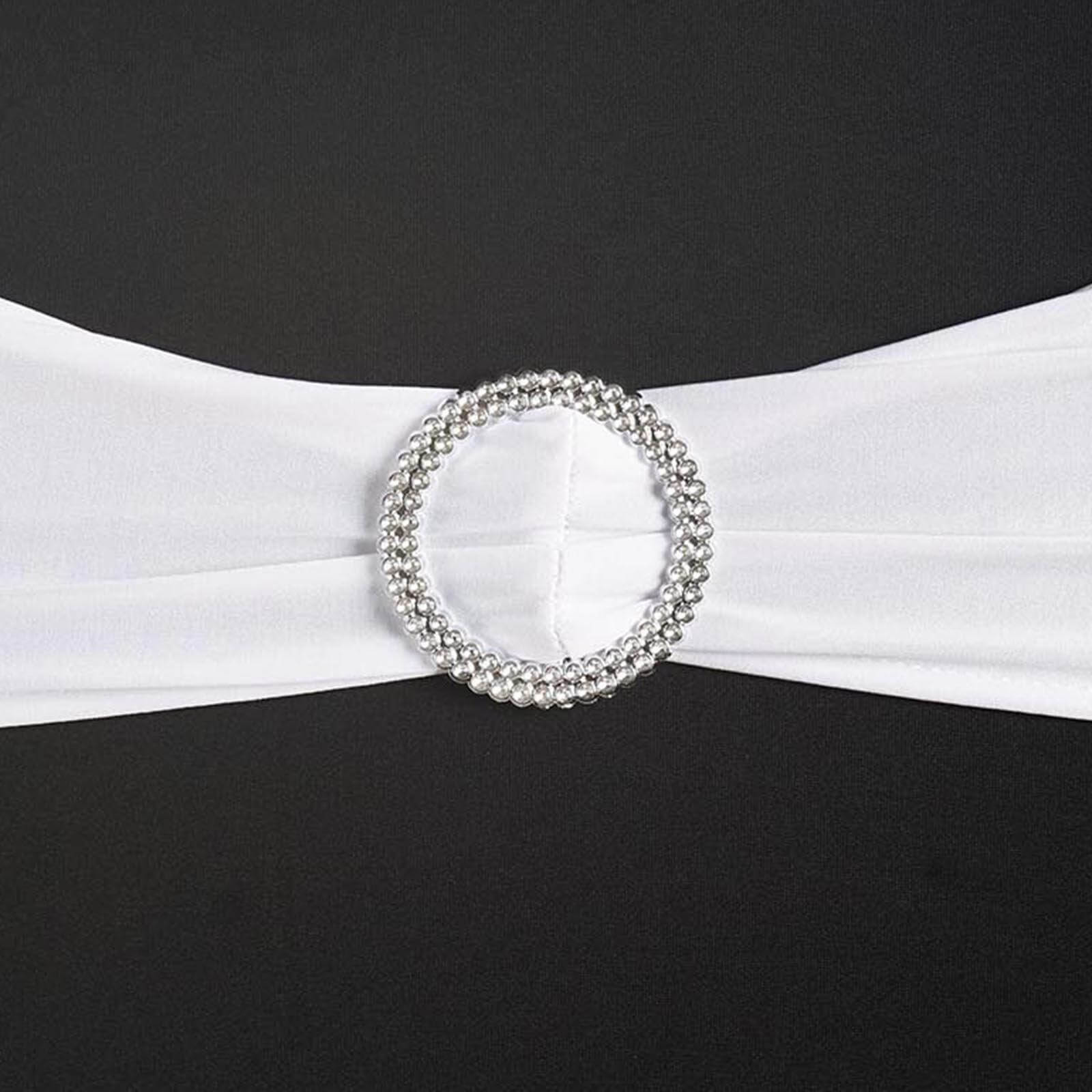 5 Pack Stretch Spandex Chair Sashes White - Classy Reusable Chair Bands with Silver Diamond Ring Slide Buckle 5x14