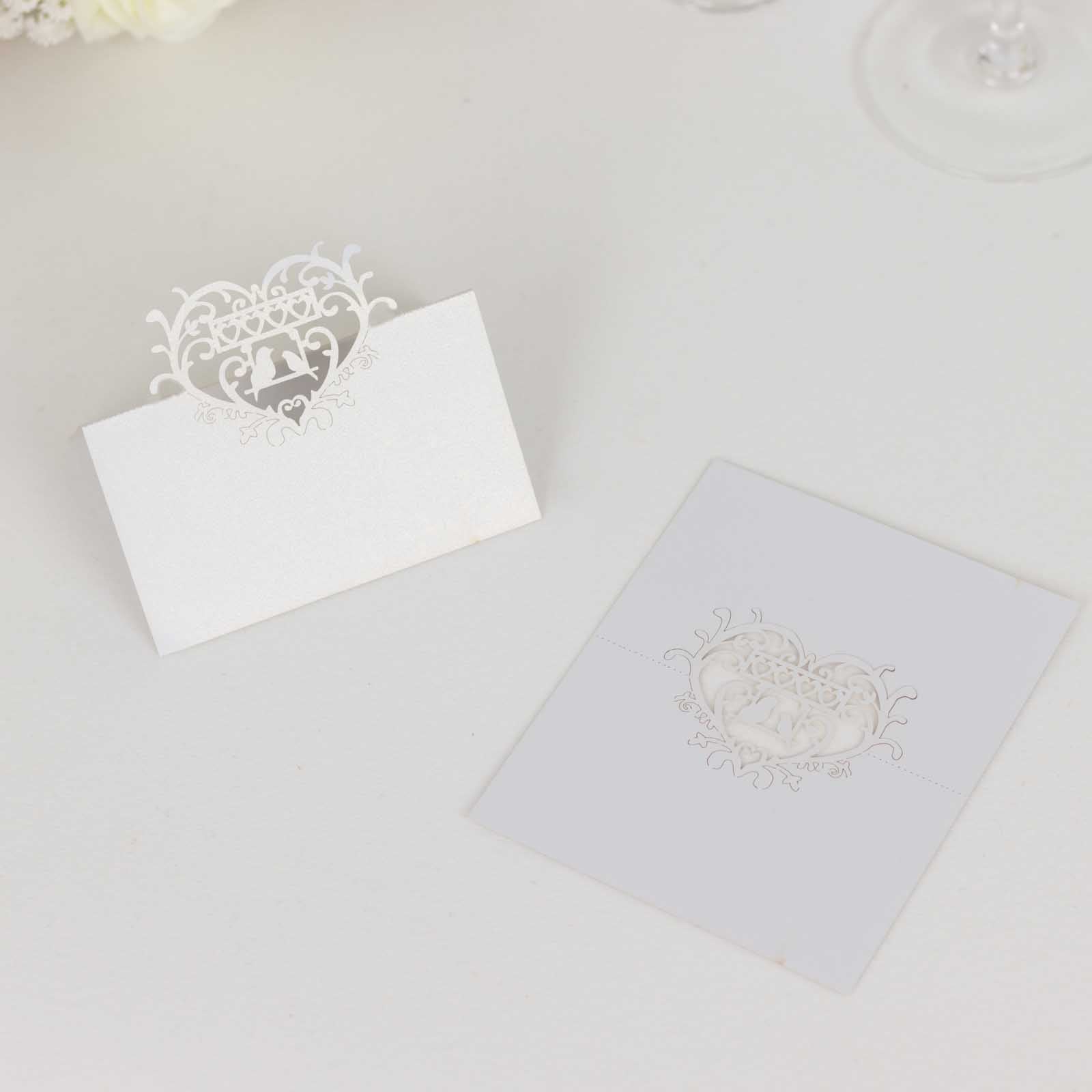 50-Pack Wedding Place Cards with Laser Cut Hollow Heart Design White - Printable Reservation Seating Tent Cards 210 GSM