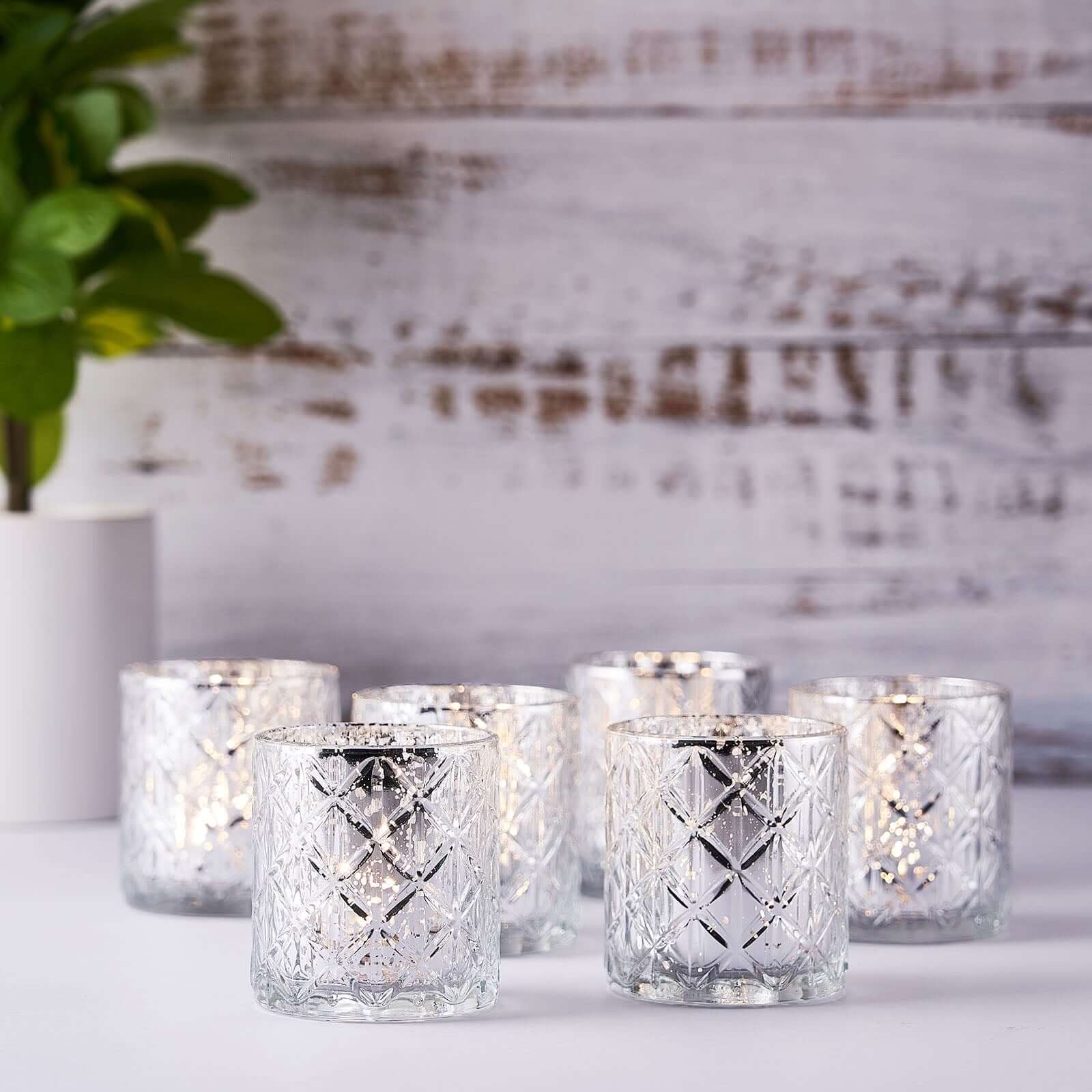 6-Pack Mercury Glass Candle Holders Shiny Silver with Geometric Design - Votive Tealight Holders 3