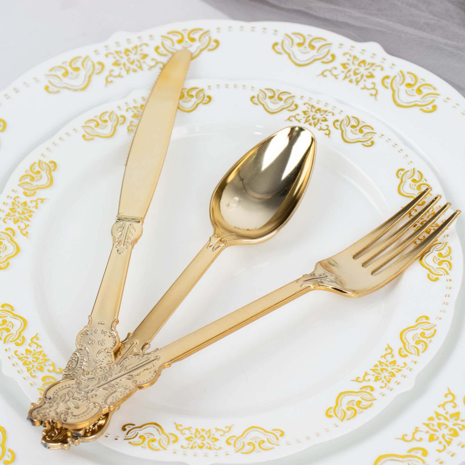 72 Pcs Plastic Silverware Set in Baroque Style Metallic Gold - Heavy Duty Disposable Knife, Fork, and Spoon Set