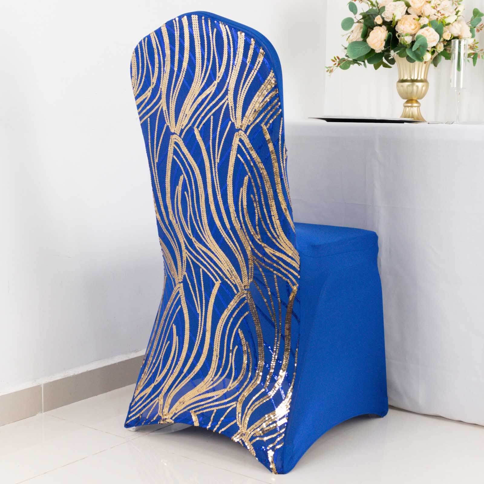 Spandex Chair Cover with Wave Embroidered Sequins for Banquet Chairs Royal Blue/Gold - Glittering Stretch Fitted Slipcover