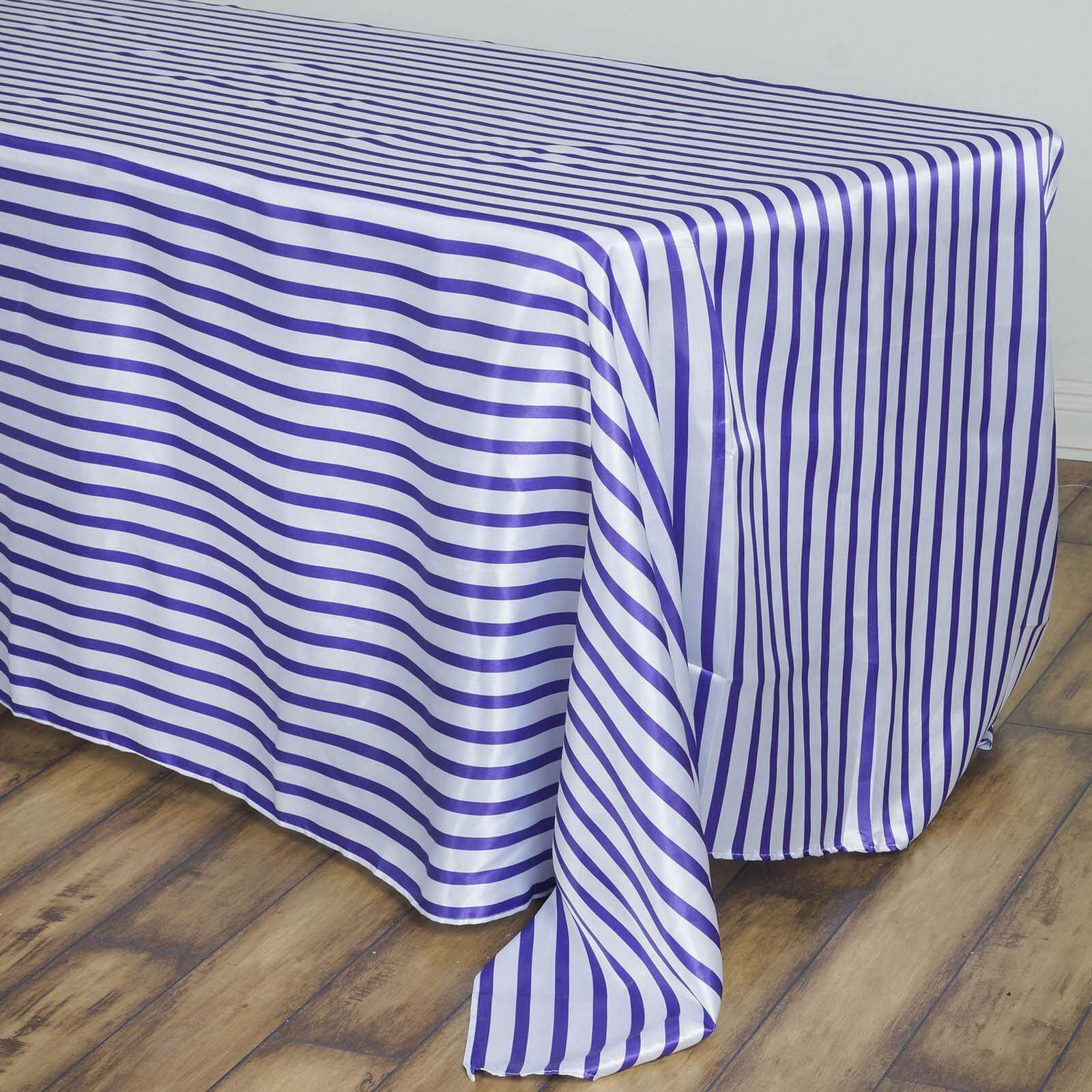 Satin 90x132 Rectangle Tablecloth White/Purple - Stripe Design with Seamless Smooth Finish Table Cover