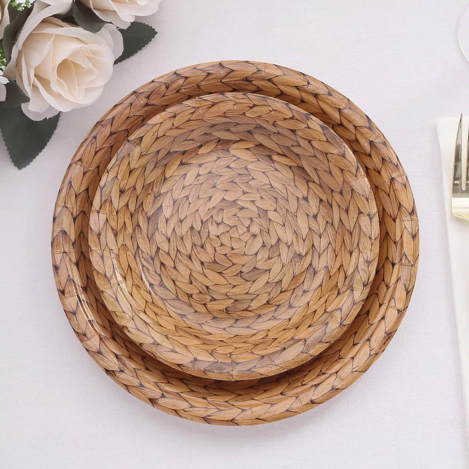 25-Pack Paper 7 Round Dessert Plates in Natural with Woven Rattan Print - Rustic Farmhouse Disposable 300GSM Appetizer Salad Plates for Indoor & Outdoor Gatherings