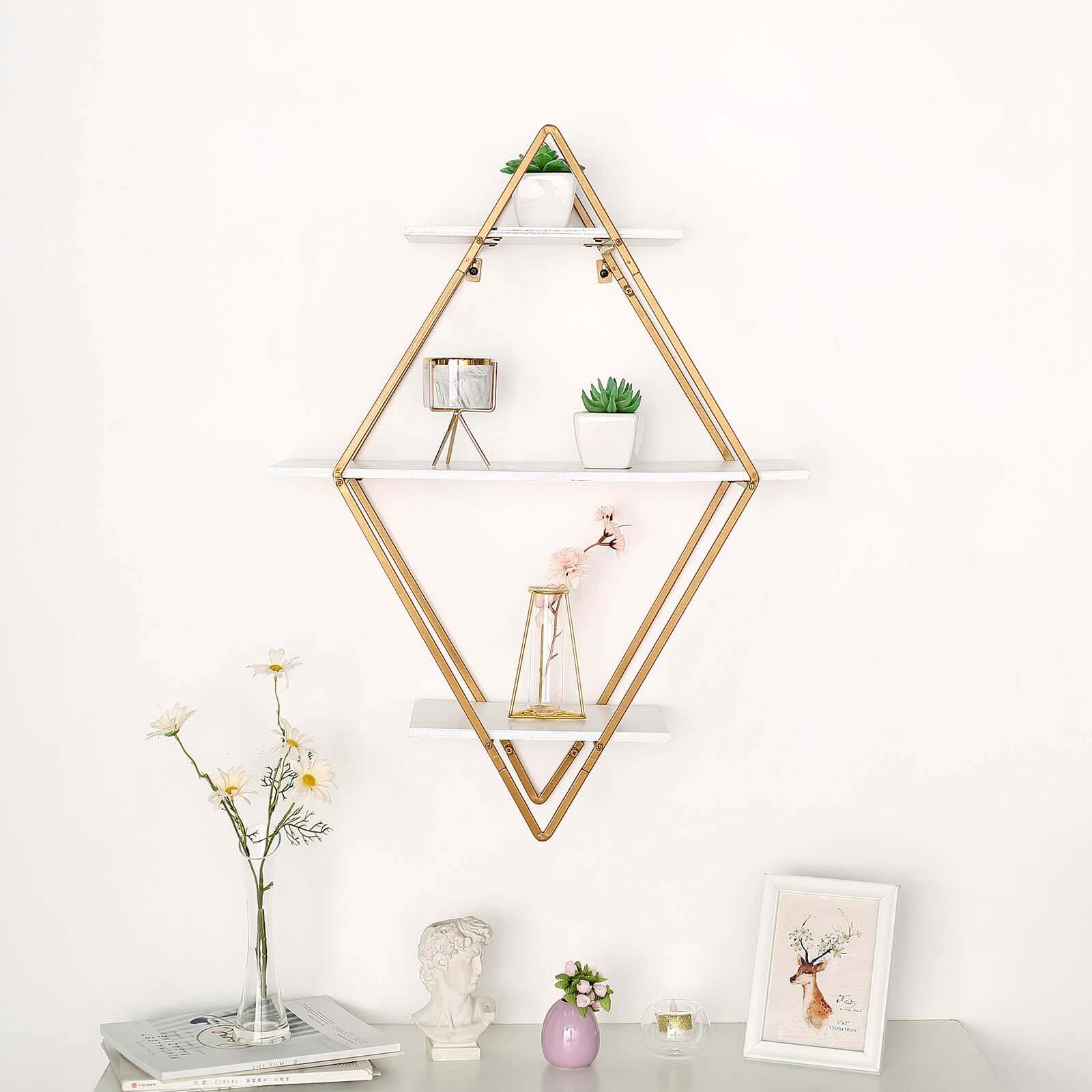 31 Geometric Diamond Shaped 3-Tier Gold Metal Dessert Cupcake Stand Rack, Wall Hanging Display Shelf Display, Book Shelf With White Wood Panels