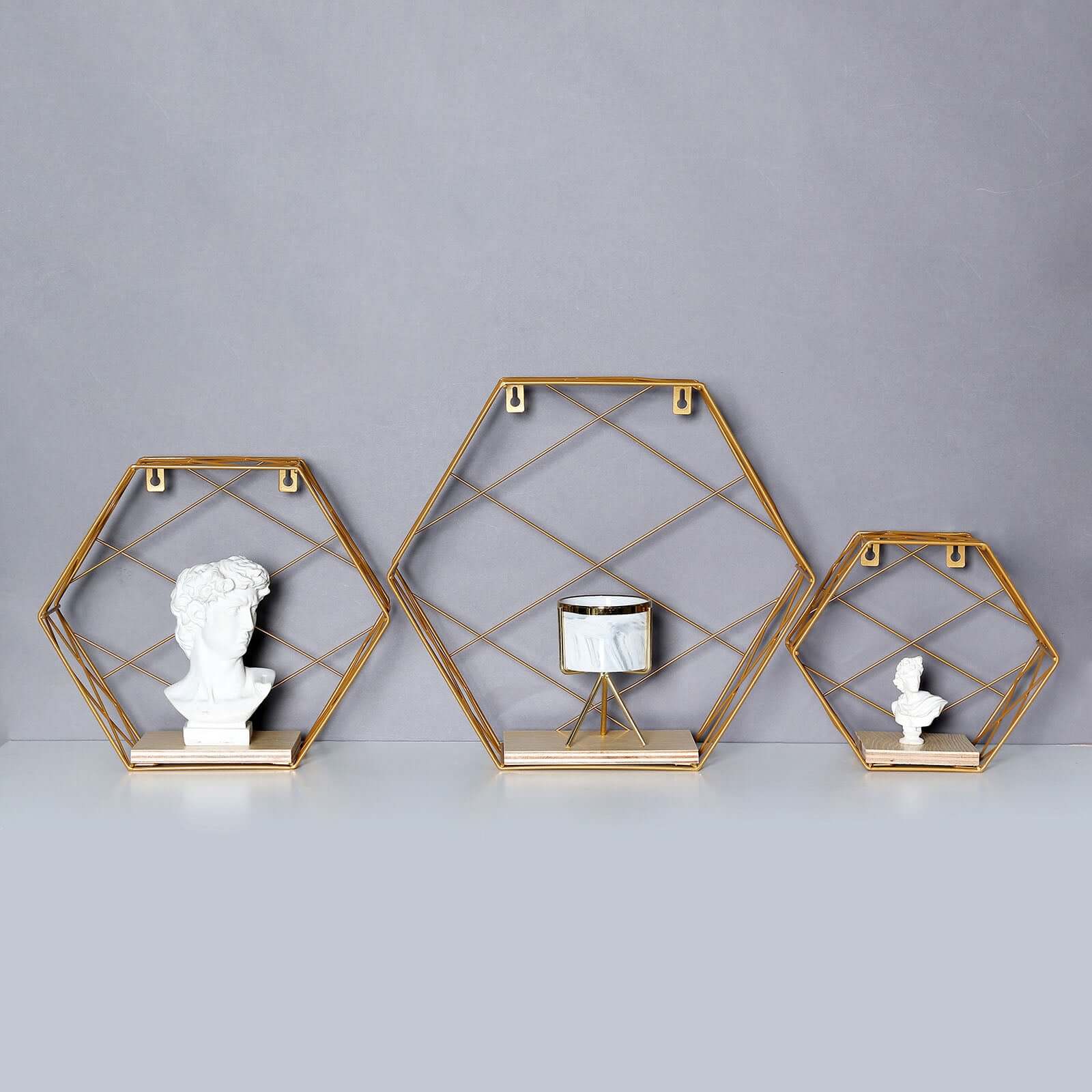 3 Pack Gold Hexagonal Floating Wall Shelves, Decorative Geometric Wall Mounted Shelves - 9,12,14