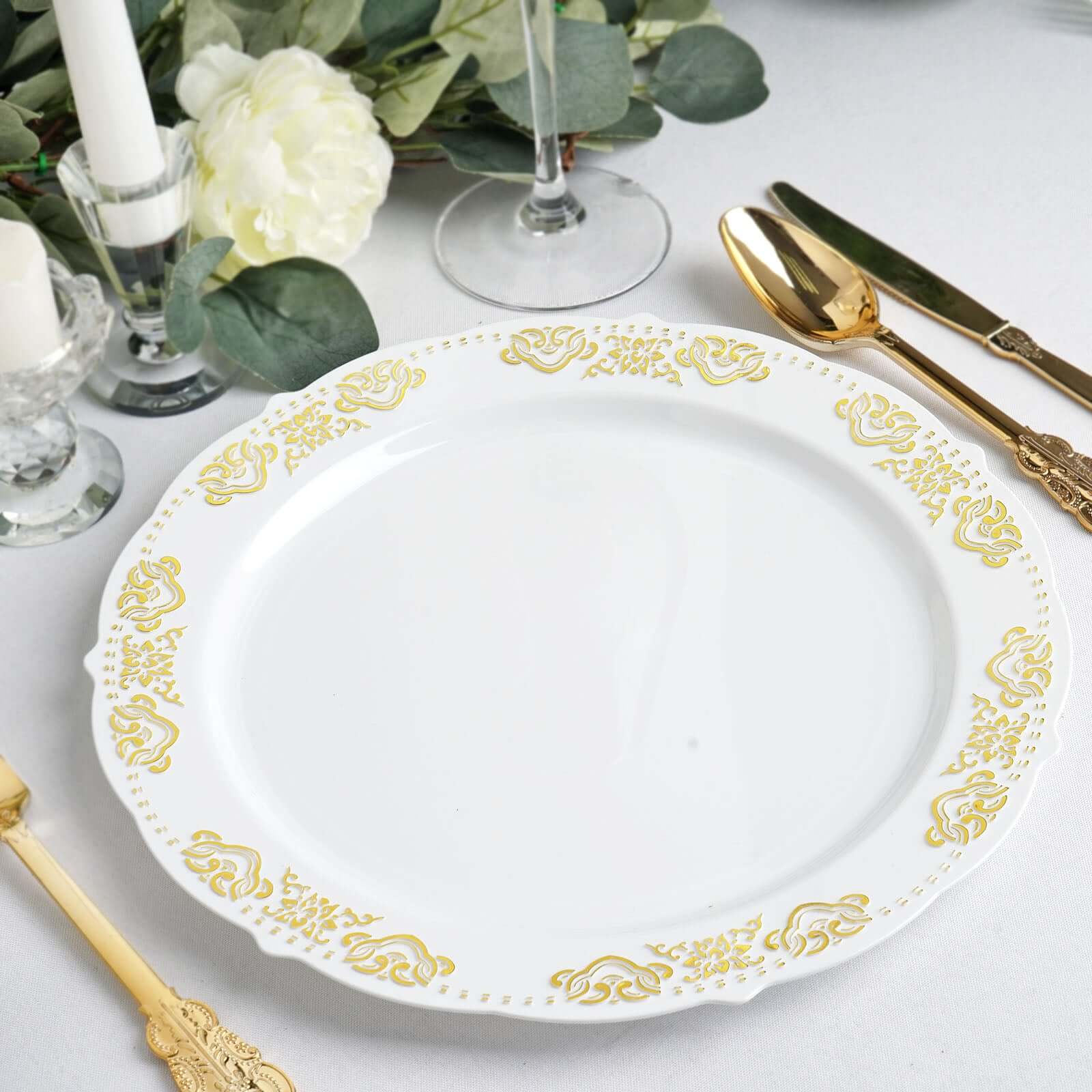 10-Pack Plastic 10 Round Dinner Plates in White with Gold Embossed Scalloped Edge - Chic Disposable Party Plates for Special Occasions & Banquets