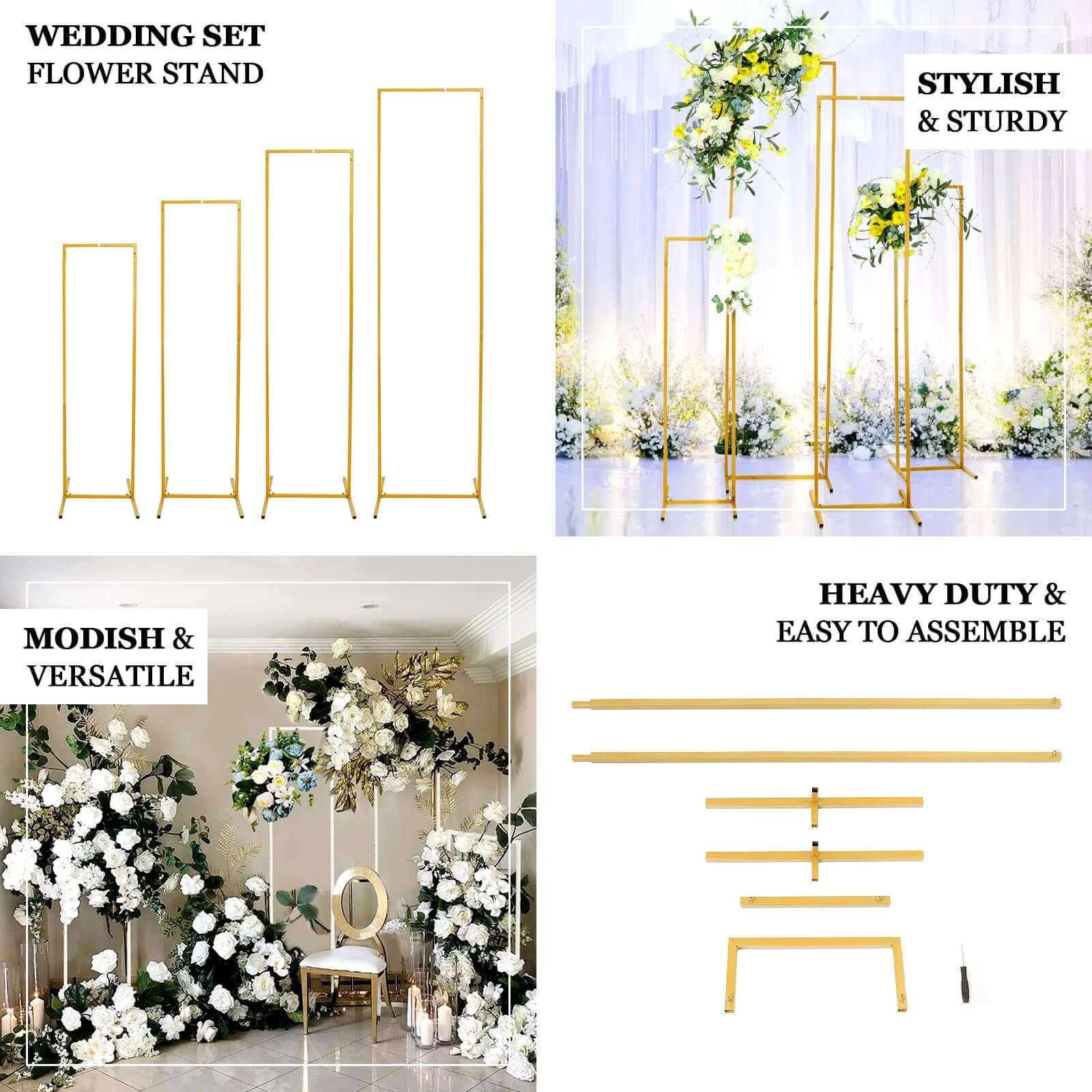 Set of 4 Wedding Arches Slim White Metal Rectangular Design Backdrop Stands - Floral Display Frames 3.6ft-6.5ft