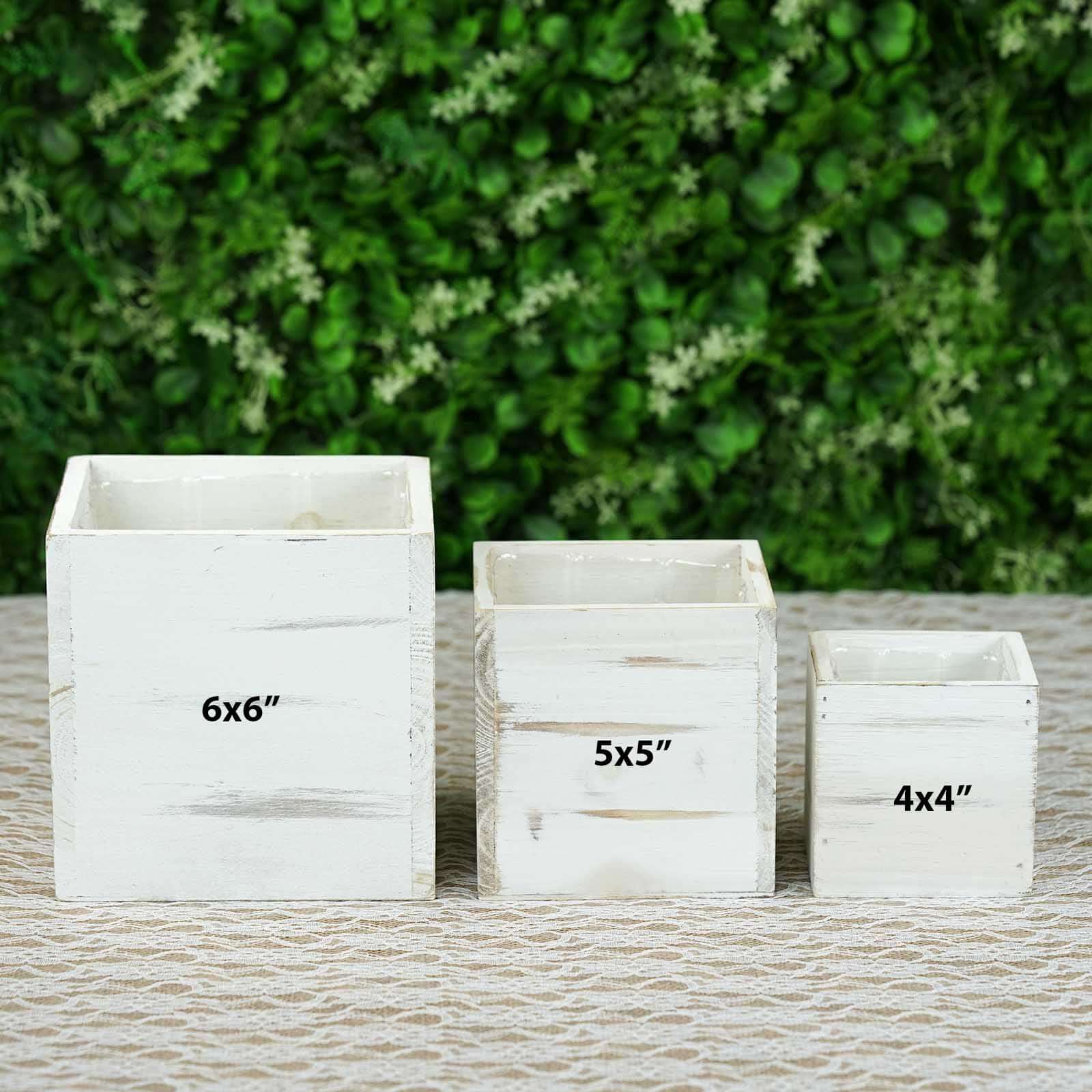 2 Pack 6 Whitewash Square Wood Planter Box Set With Removable Plastic Liners