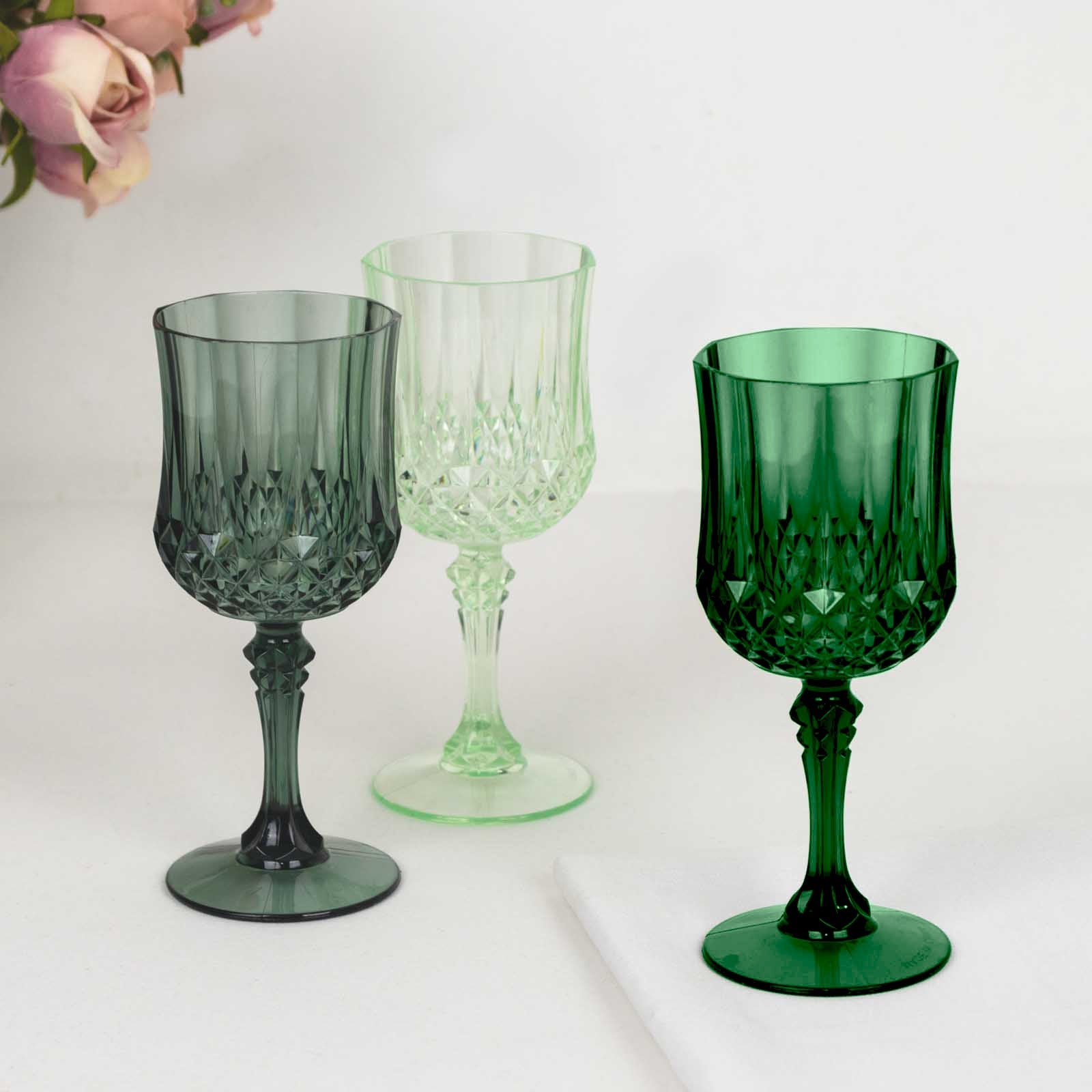 12-Pack Plastic Cocktail Goblets Assorted Green Transparent Crystal Cut - Shatterproof Drinkware 8oz