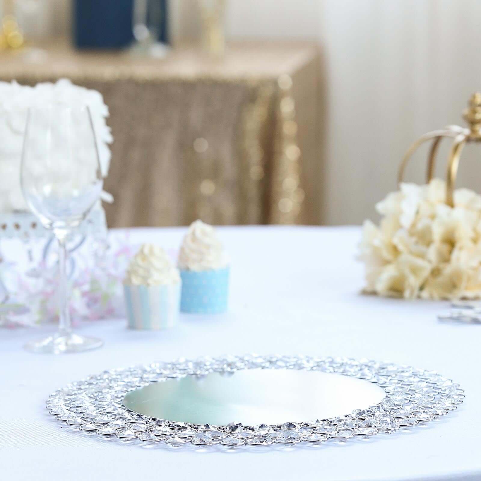 Wired Metal Round Charger Plate 14 in SIlver with Acrylic Crystal Beads, Glamorous Decorative Dinner Charger Tableware