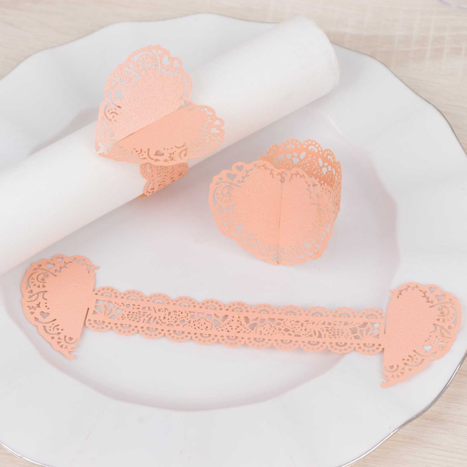 12 Pack Blush Shimmery Laser Cut Heart Paper Napkin Holders with Lace Pattern, Disposable Napkin Rings Bands