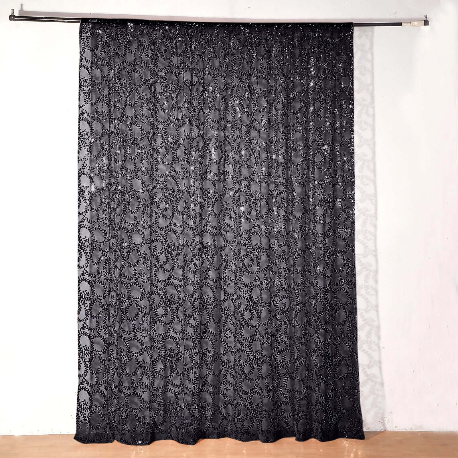 8ftx8ft Black Embroider Sequin Event Curtain Drapes, Sparkly Sheer Backdrop Event Panel With Embroidery Leaf