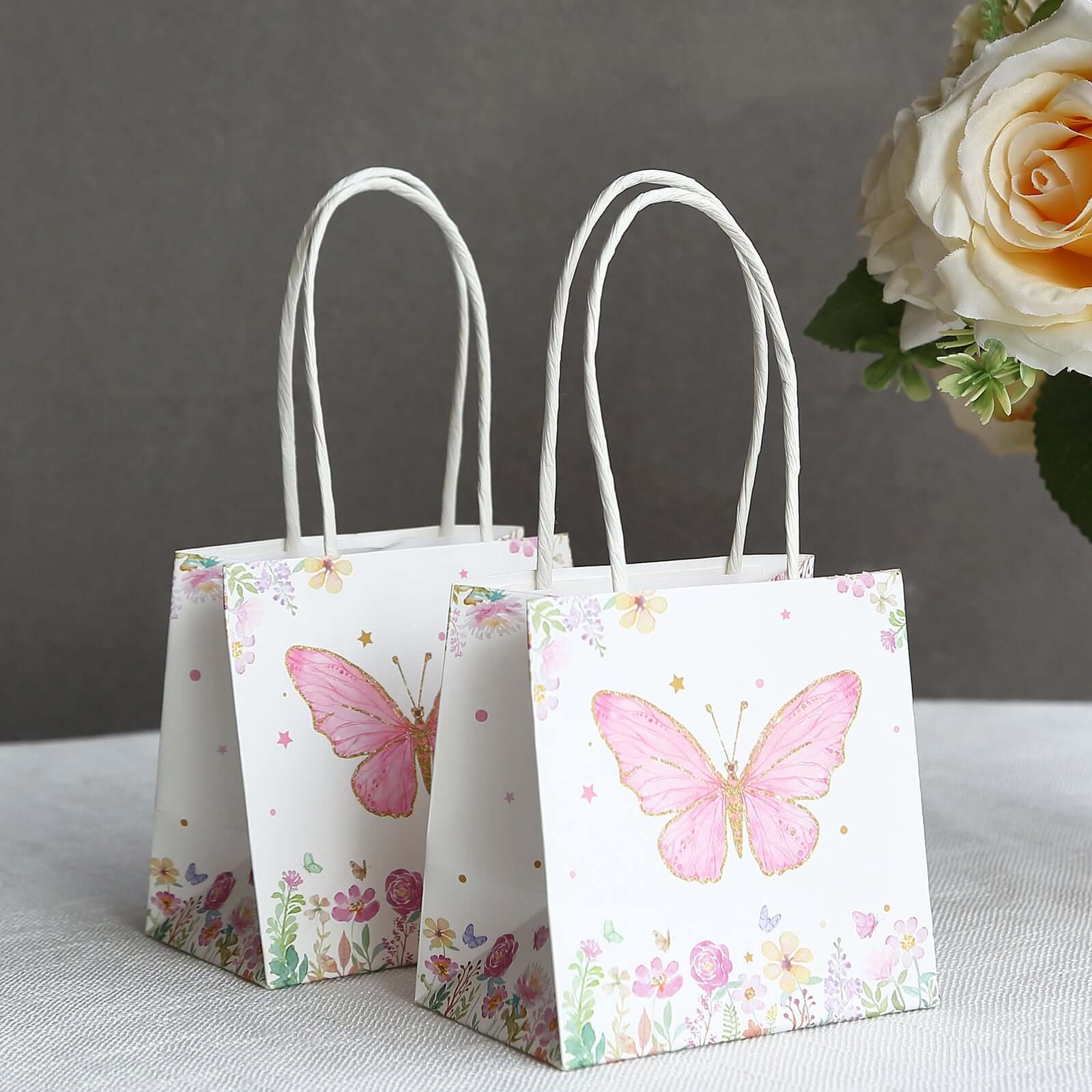 12 Pack Pink Glitter Butterfly Paper Favor Bags With Handles, Floral Print White Goodie Gift Bags - 4x4