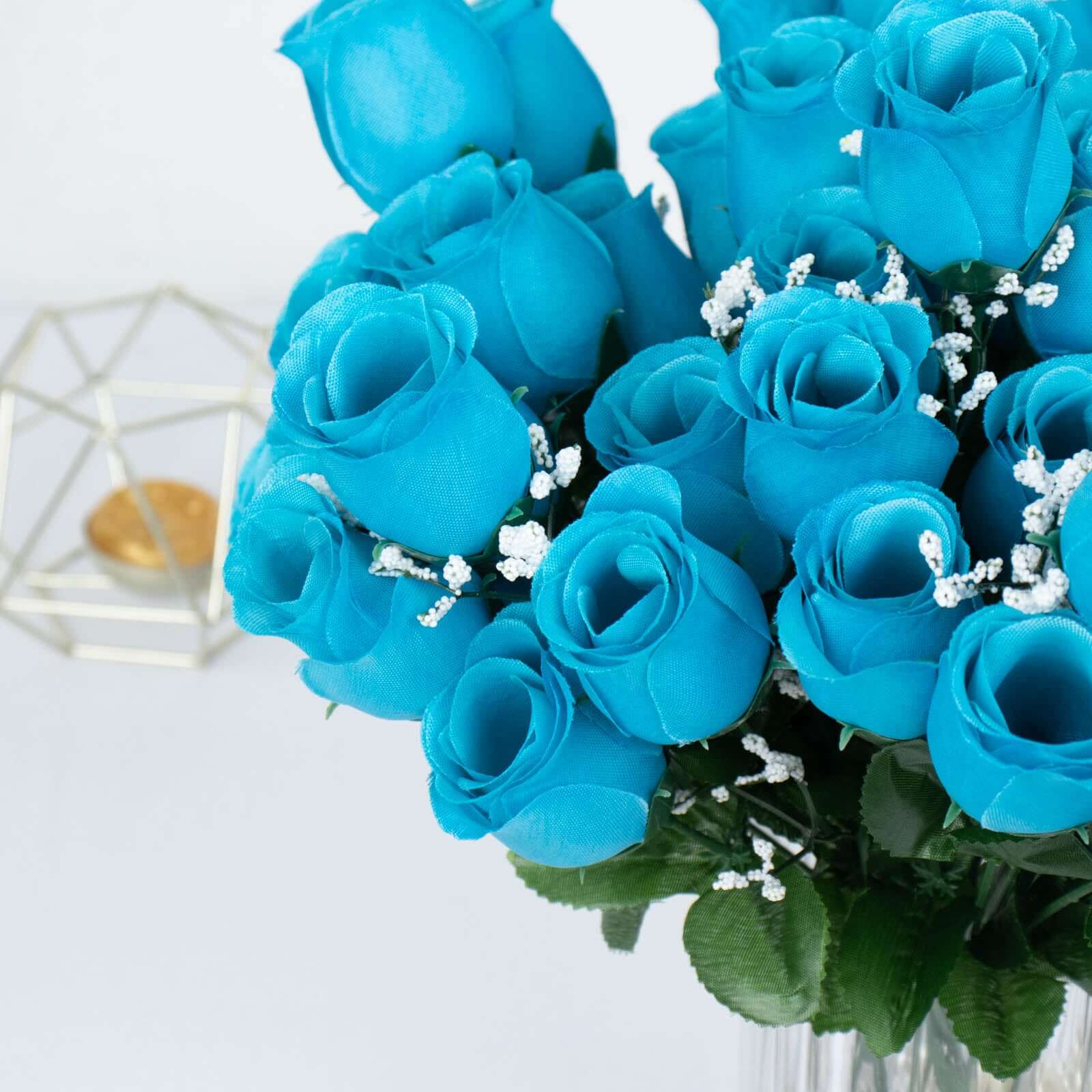 12 Bushes Turquoise Artificial Premium Silk Flower Rose Bud Bouquets