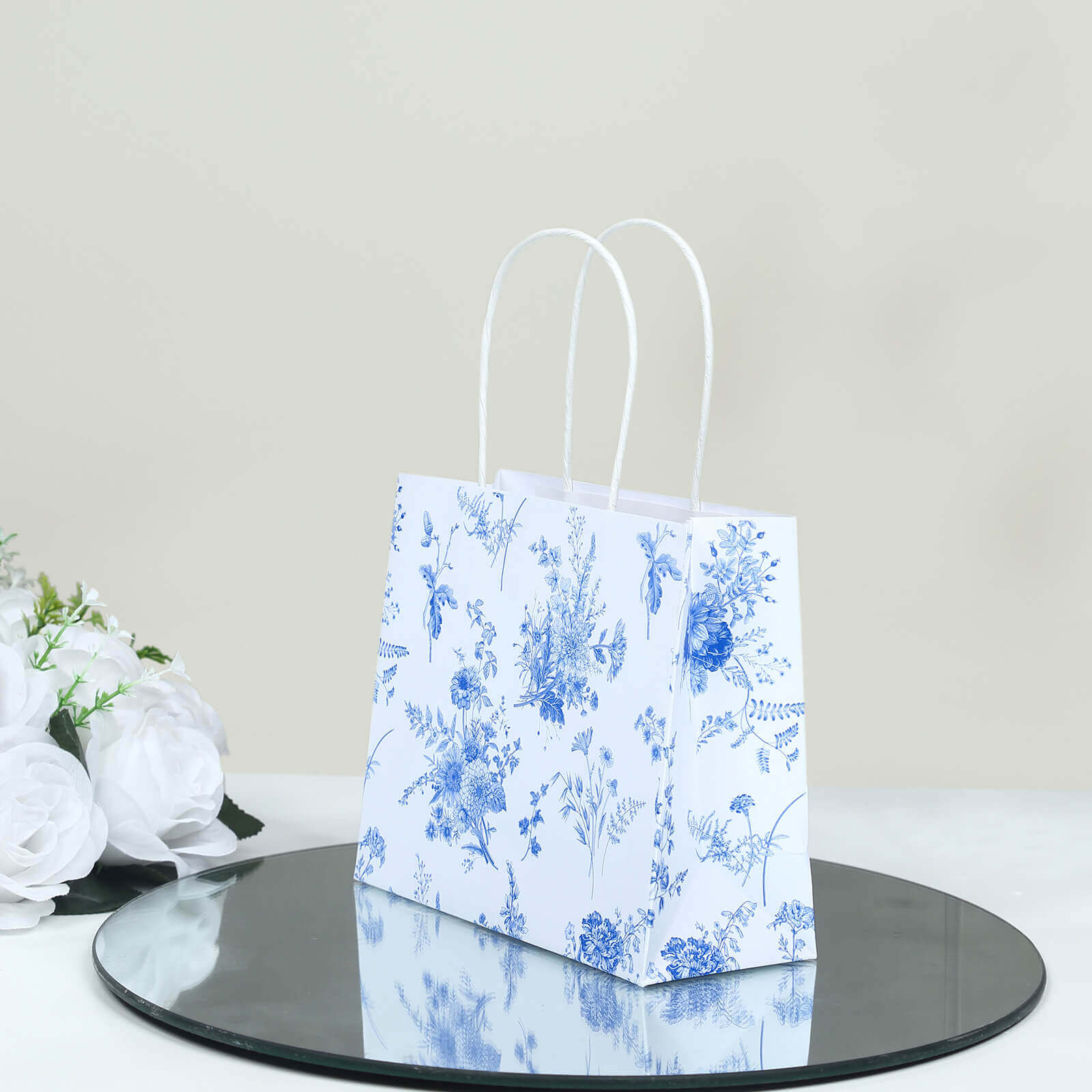 12 Pack White Blue Paper Gift Bags With Handles in French Toile Pattern, Party Favor Goodie Bags - 6x7