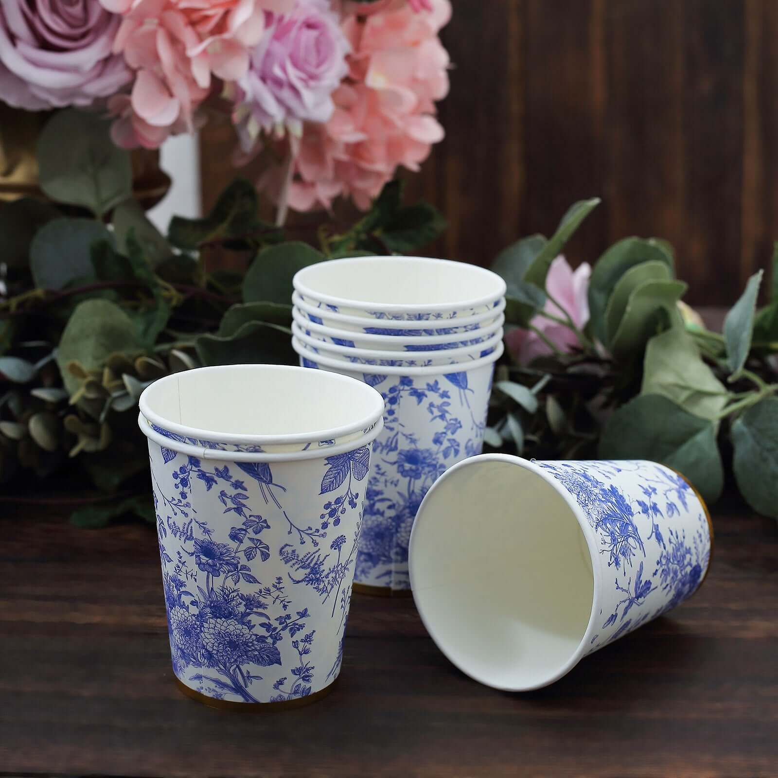 24-Pack Paper Cups in White with Light Blue French Toile Print - Stylish Disposable Floral Party Cups with Gold Rim for Hot & Cold Beverages 9oz