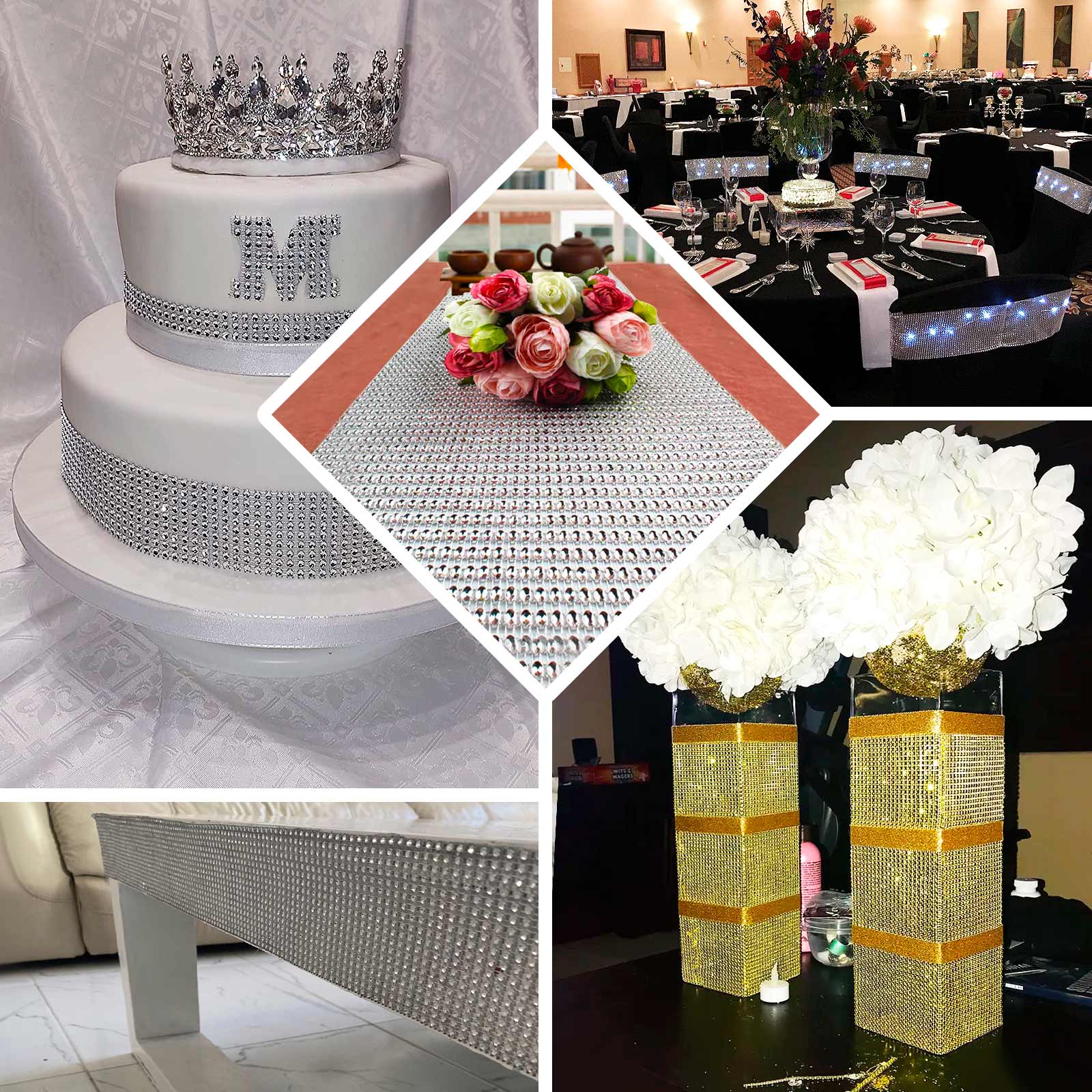 Crystal Rhinestone 10x108 Table Runner Gold - Luxe Shiny Diamond Mesh Bling Table Runner Roll