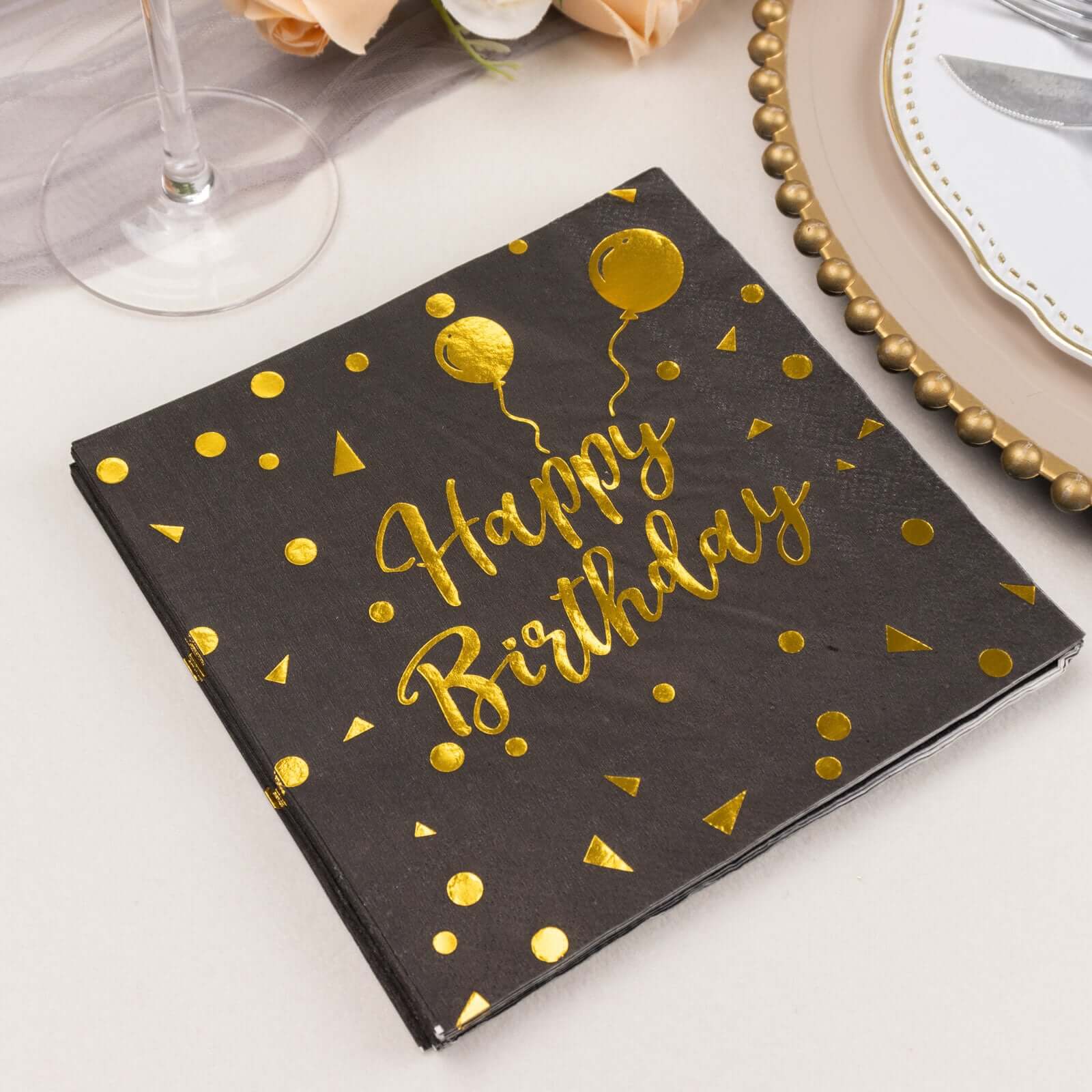 20-Pack Paper Beverage Napkins with Happy Birthday Foil Print Black/Gold - 2 Ply Disposable 18GSM Soft Party Napkins 6.5x6.5