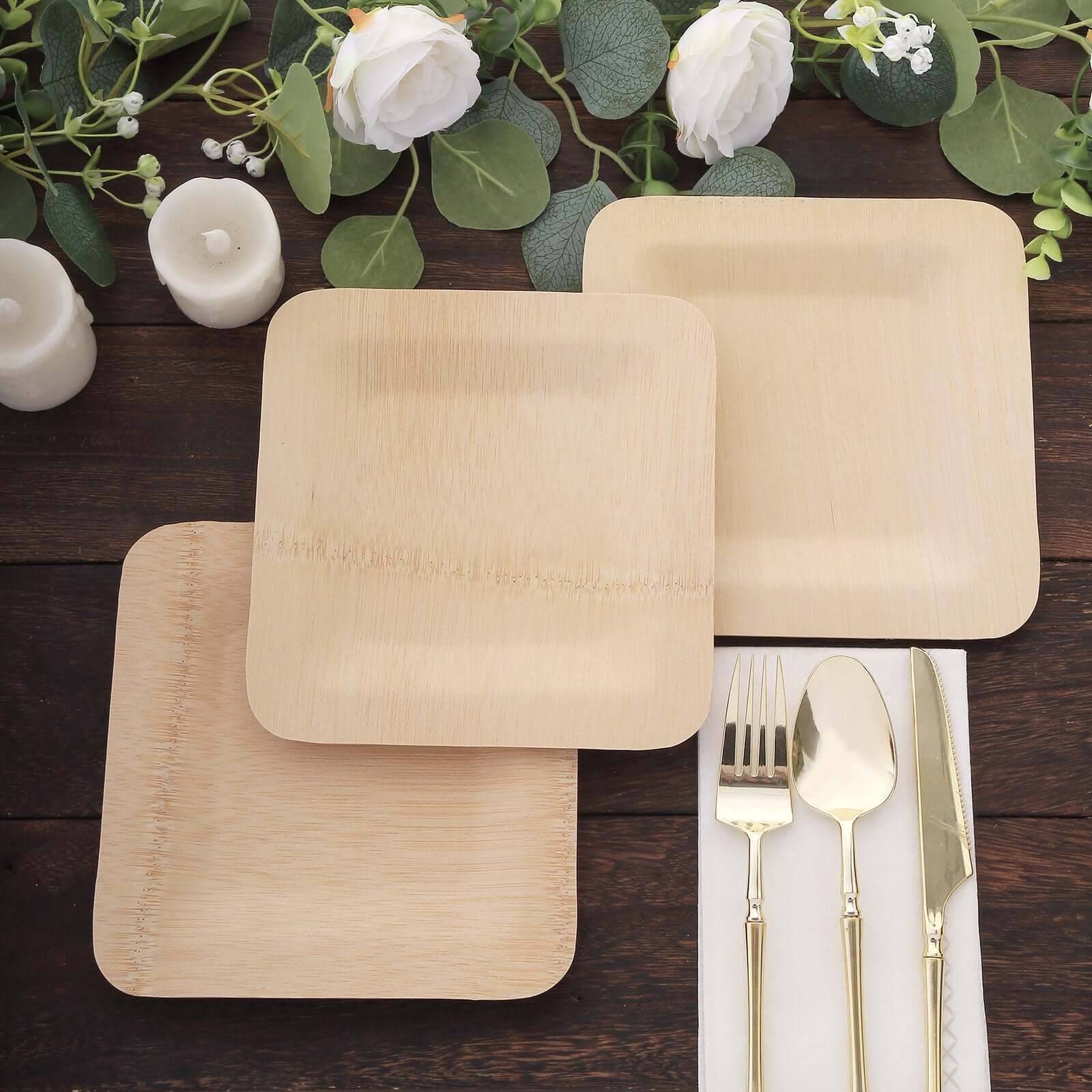 10-Pack Bamboo 9 Square Dinner Plates - Natural Eco Friendly Disposable Dinnerware for Farmhouse-Style Events, Parties & Gatherings