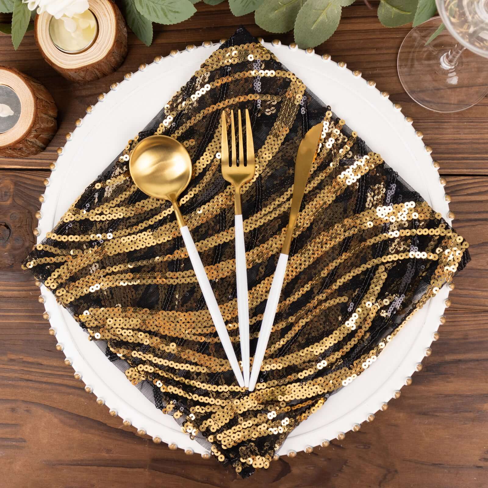 Sequin Mesh 20x20 Napkin Black Gold - Wave Embroidered Reusable Napkin