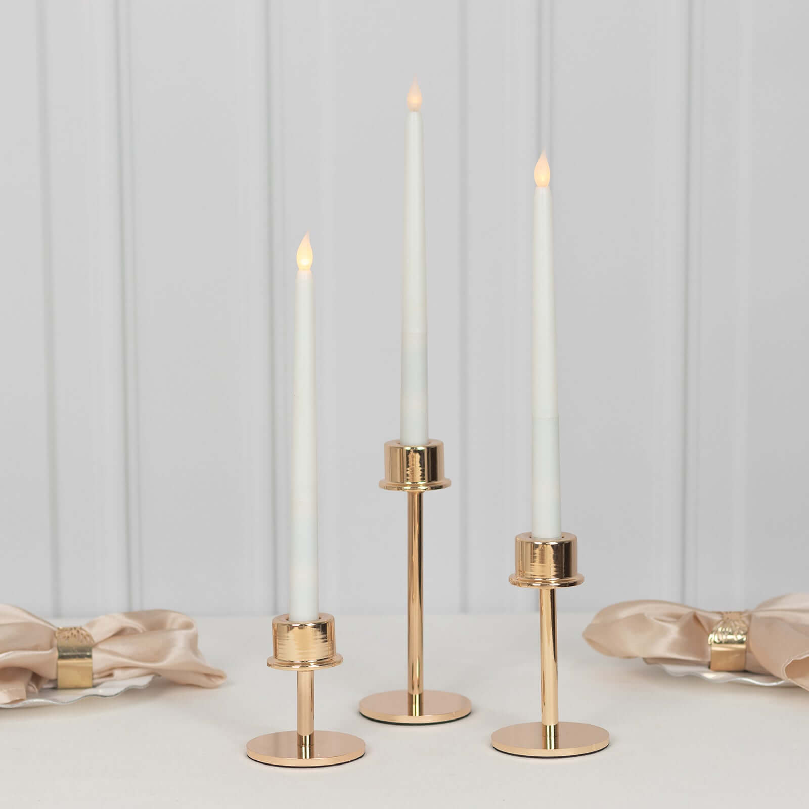 Set of 3 Metal Taper Candlestick Holders Gold with Round Base - Hurricane Candle Stands 3.5, 5.5, 8